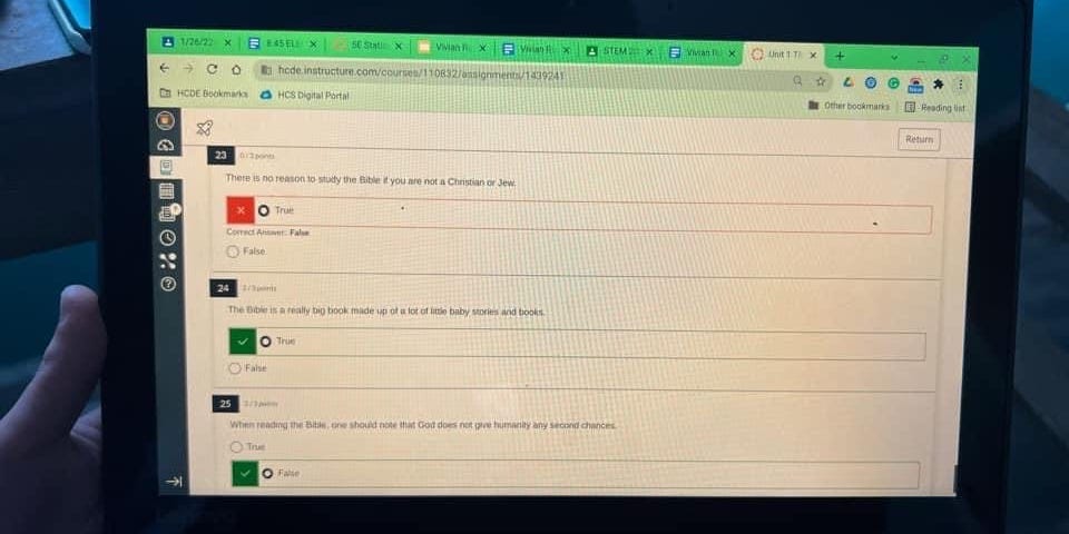 A screenshot of Juniper Russo's daughter's Bible history quiz, which includes a True or False question that reads: "“It is important to read the Bible even if you are not Christian or Jewish.” Russo's daughter chose False and was marked incorrect.