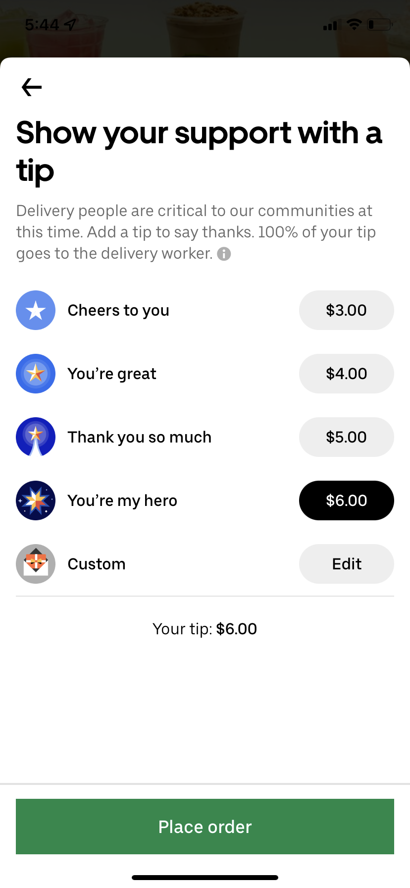 The tipping menu in the Uber Eats app.