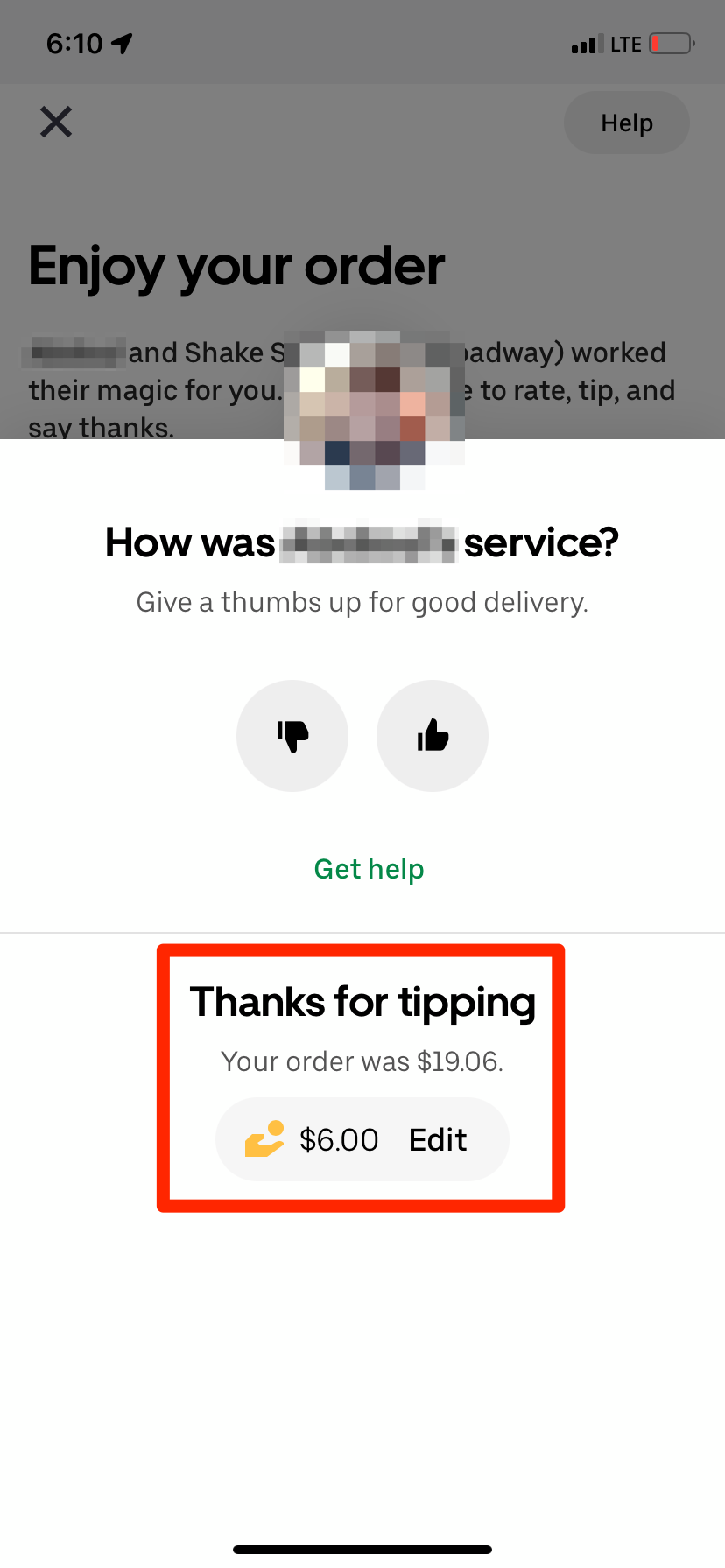 The screen that appears in the Uber Eats app when your order is delivered.