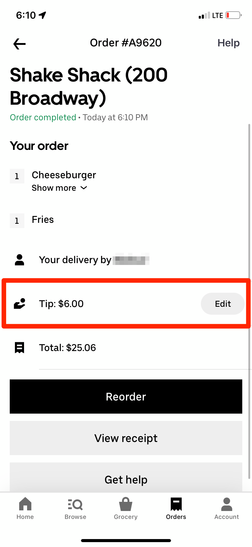 An Uber Eats page that lets the user edit their tip after their food is delivered.