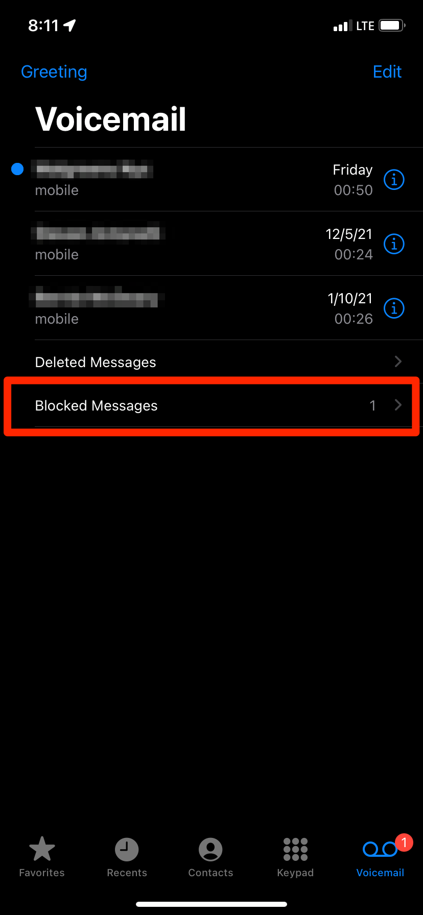 The Voicemails menu on an iPhone. The Blocked Messages option is highlighted.