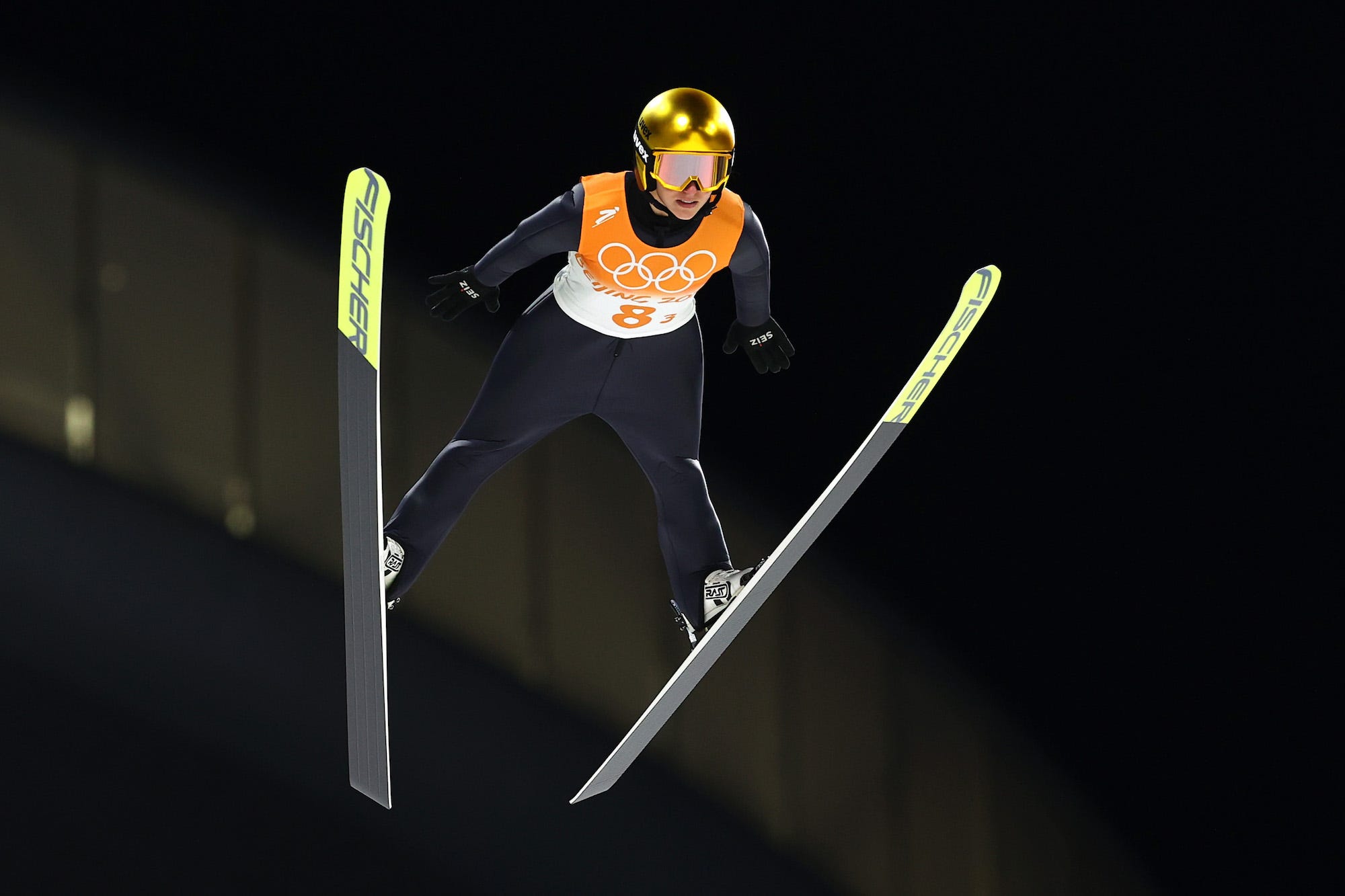 Katharina Althaus of Team Germany jumps during Mixed Team Ski Jumping First Round at National Ski Jumping Centre