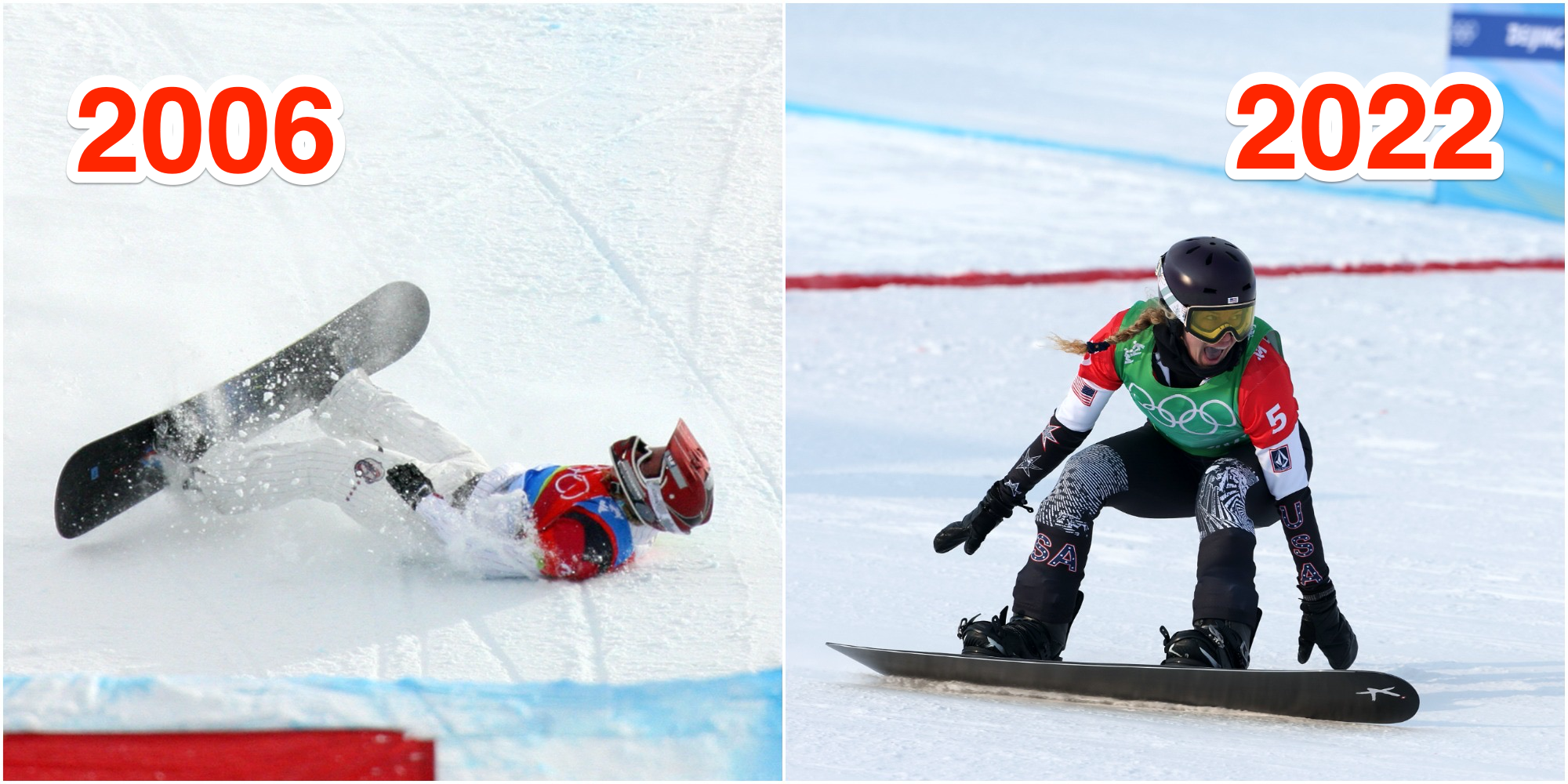 A side-by-side image of Lindsay Jacobellis in the 2006 and 2022 women's snowboard cross events at the Winter Olympics.