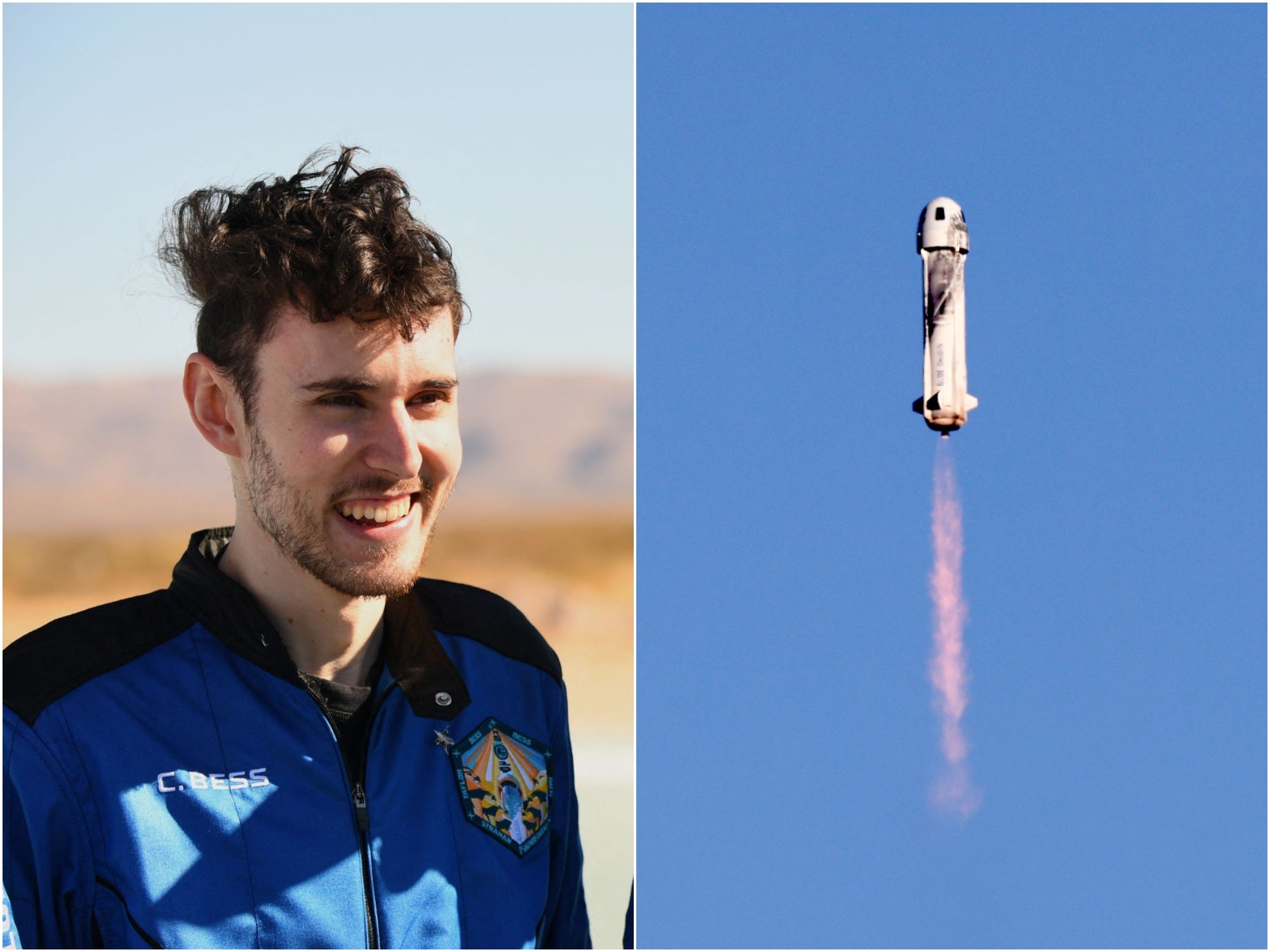 Blue Origin passenger Cameron Bess next to a picture of New Shepard rocket launching