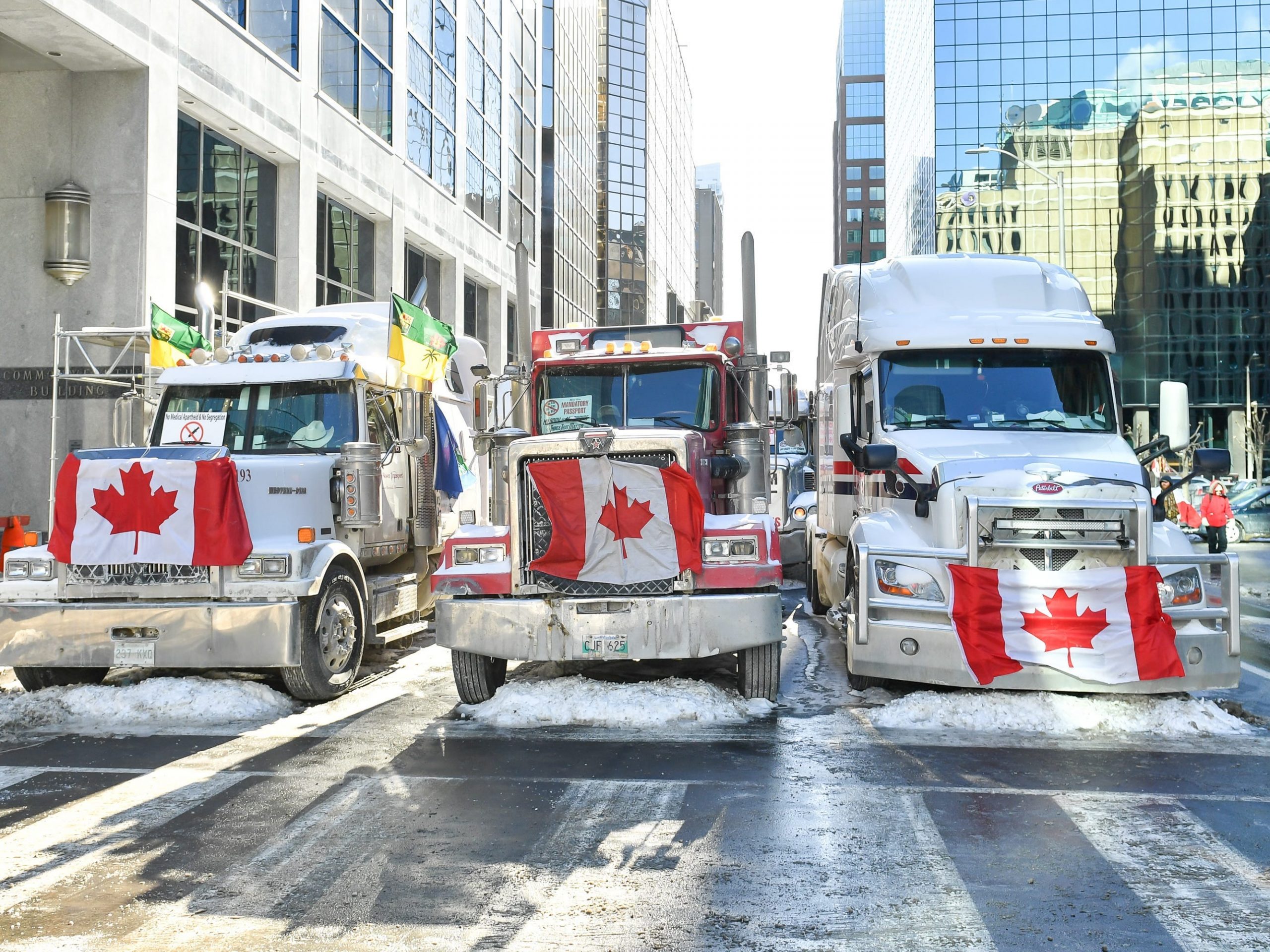 Truckers lineup their trucks on Metcalfe Street as they honk their horns on February 5, 2022 in Ottawa, Canada.