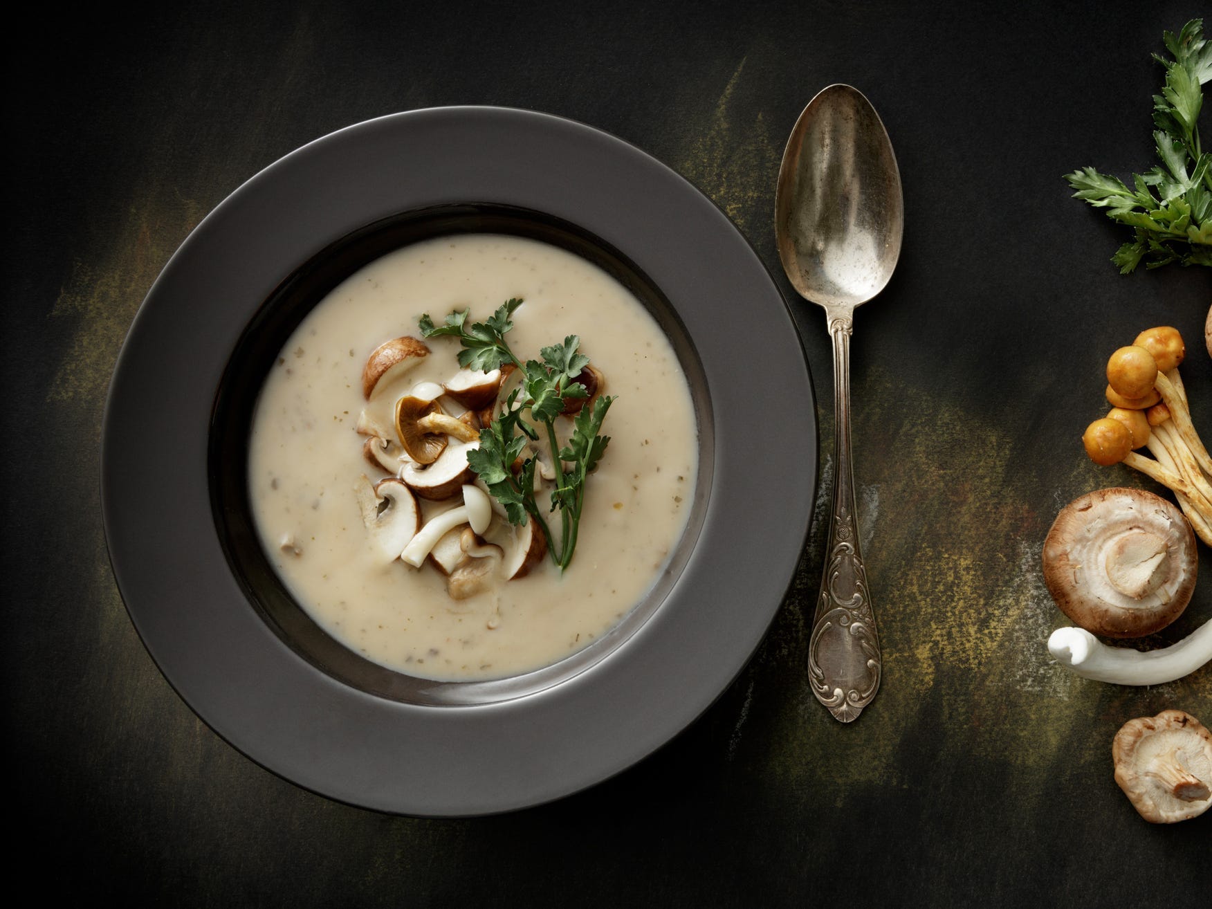 A bowl of mushroom soup viewed from above