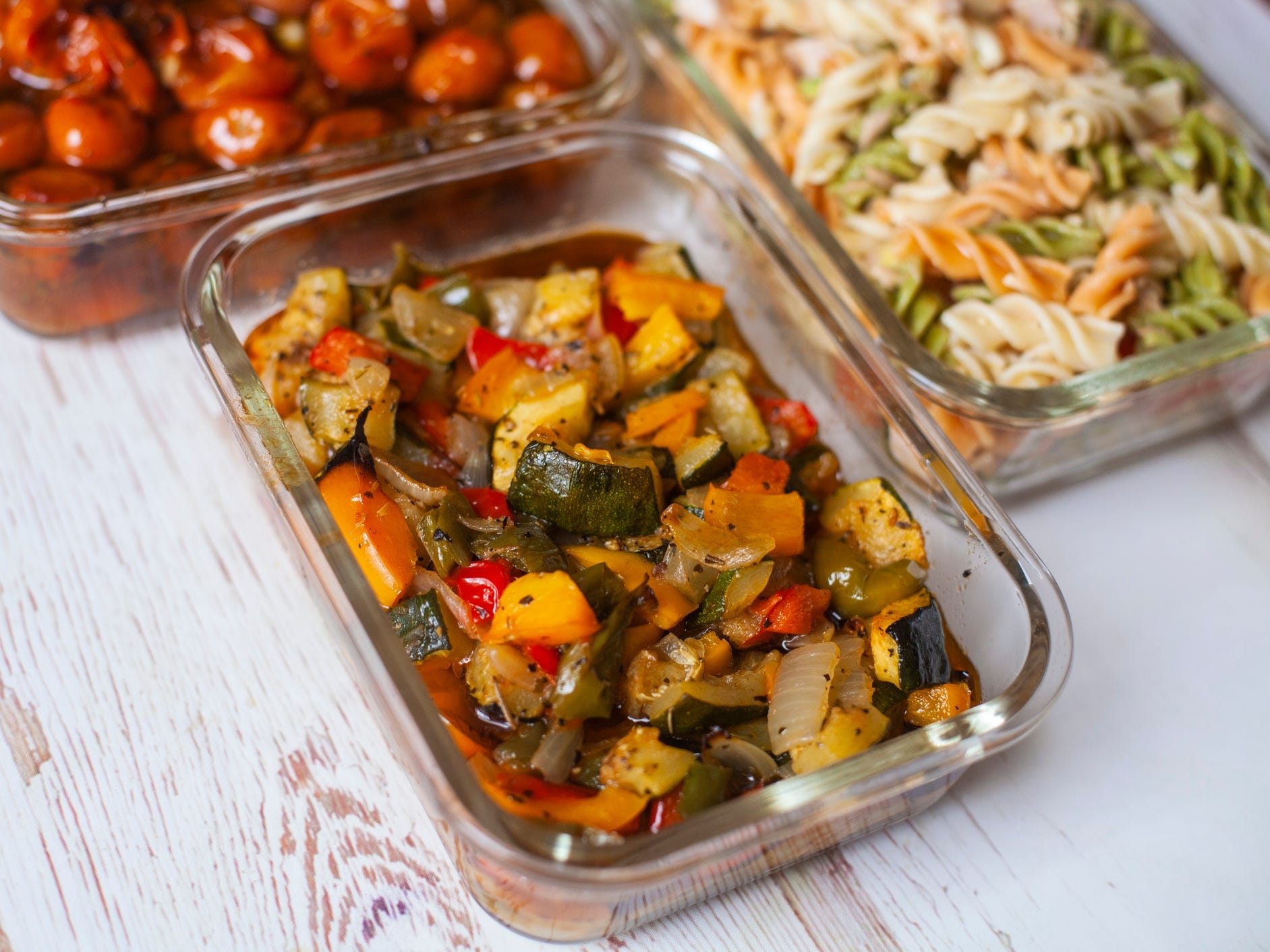 Cooked food in glass containers