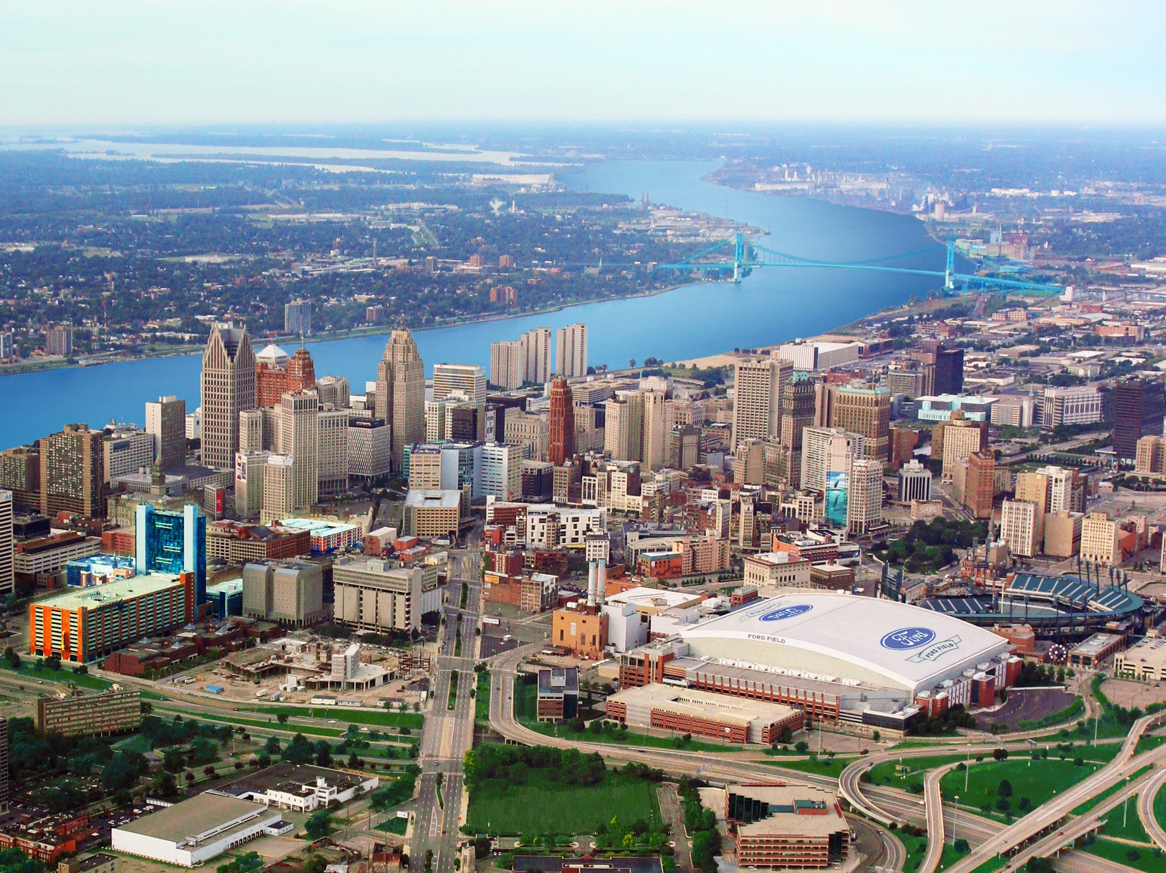 the skyline of downtown Detroit