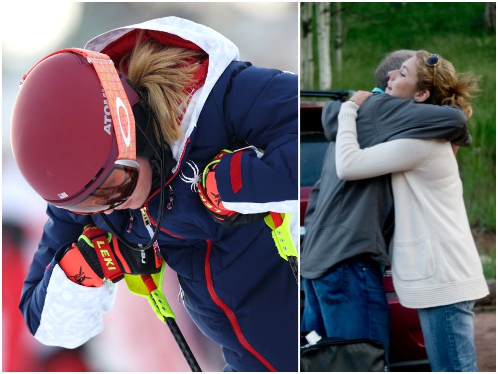 Mikaela Shiffrin in 2022, and a photo from 2013 in which she embraces her late father Jeff.