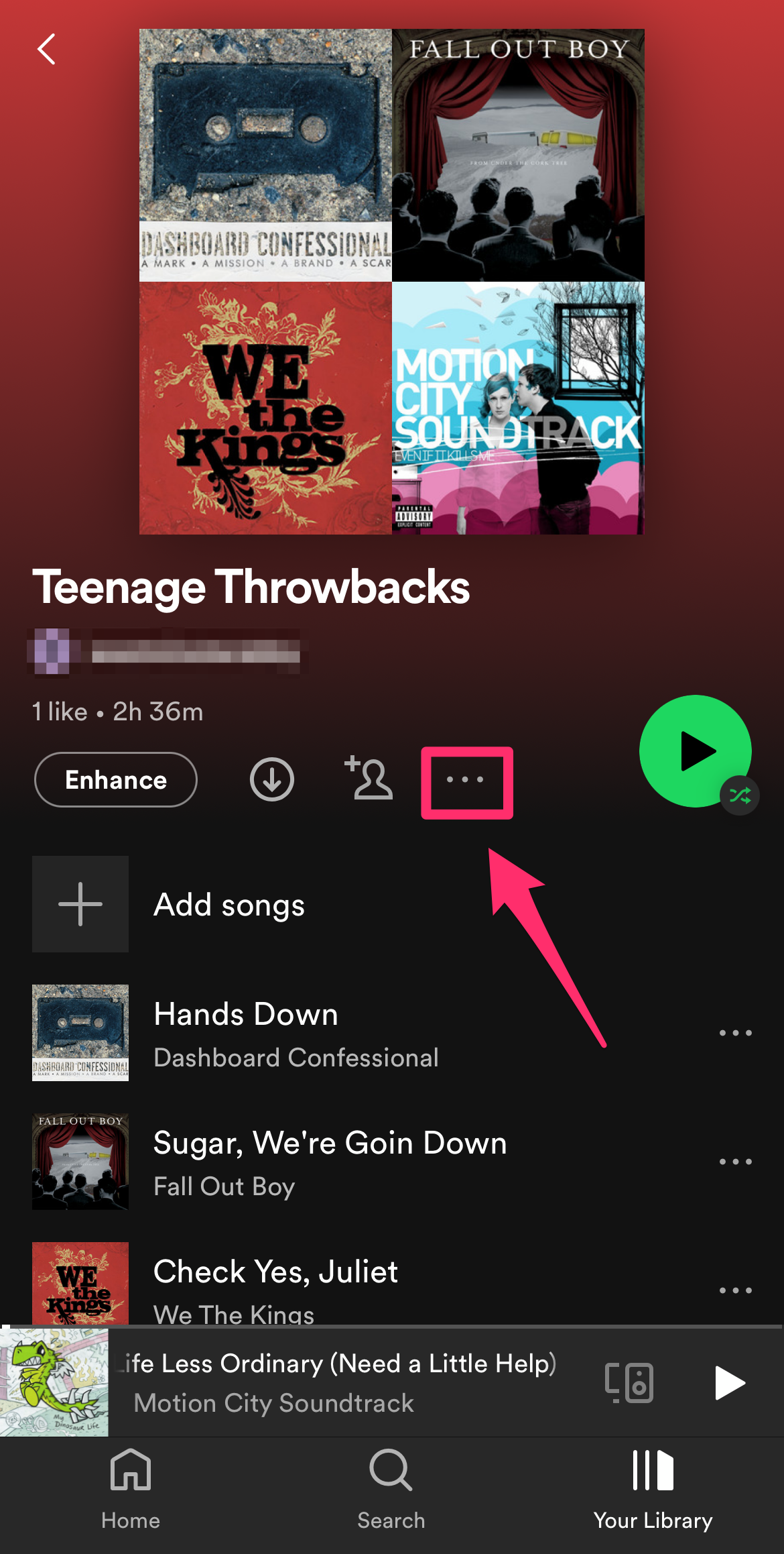 iPhone Spotify app screenshot highlighting the menu icon.