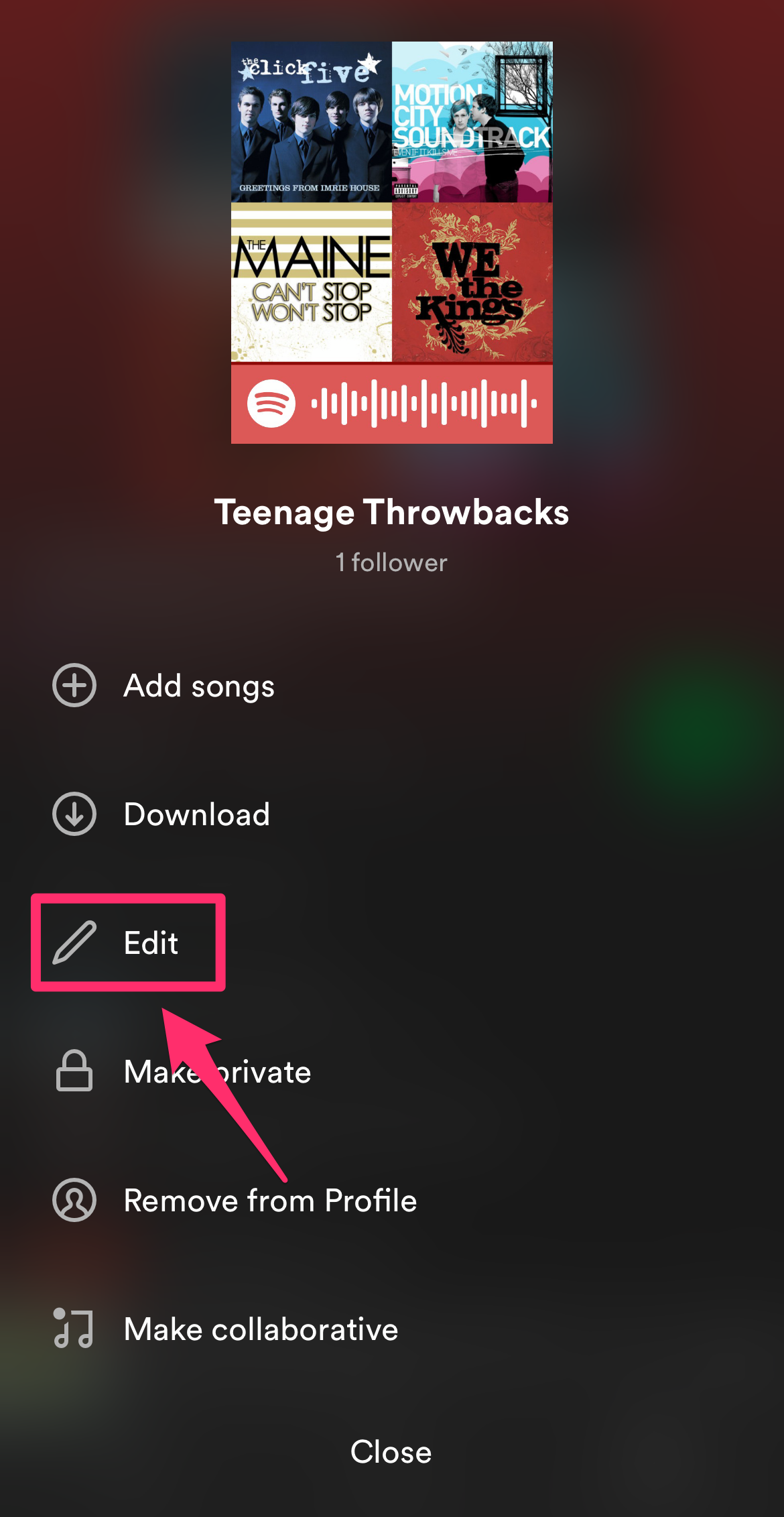 Spotify menu screenshot highlighting the Edit option.