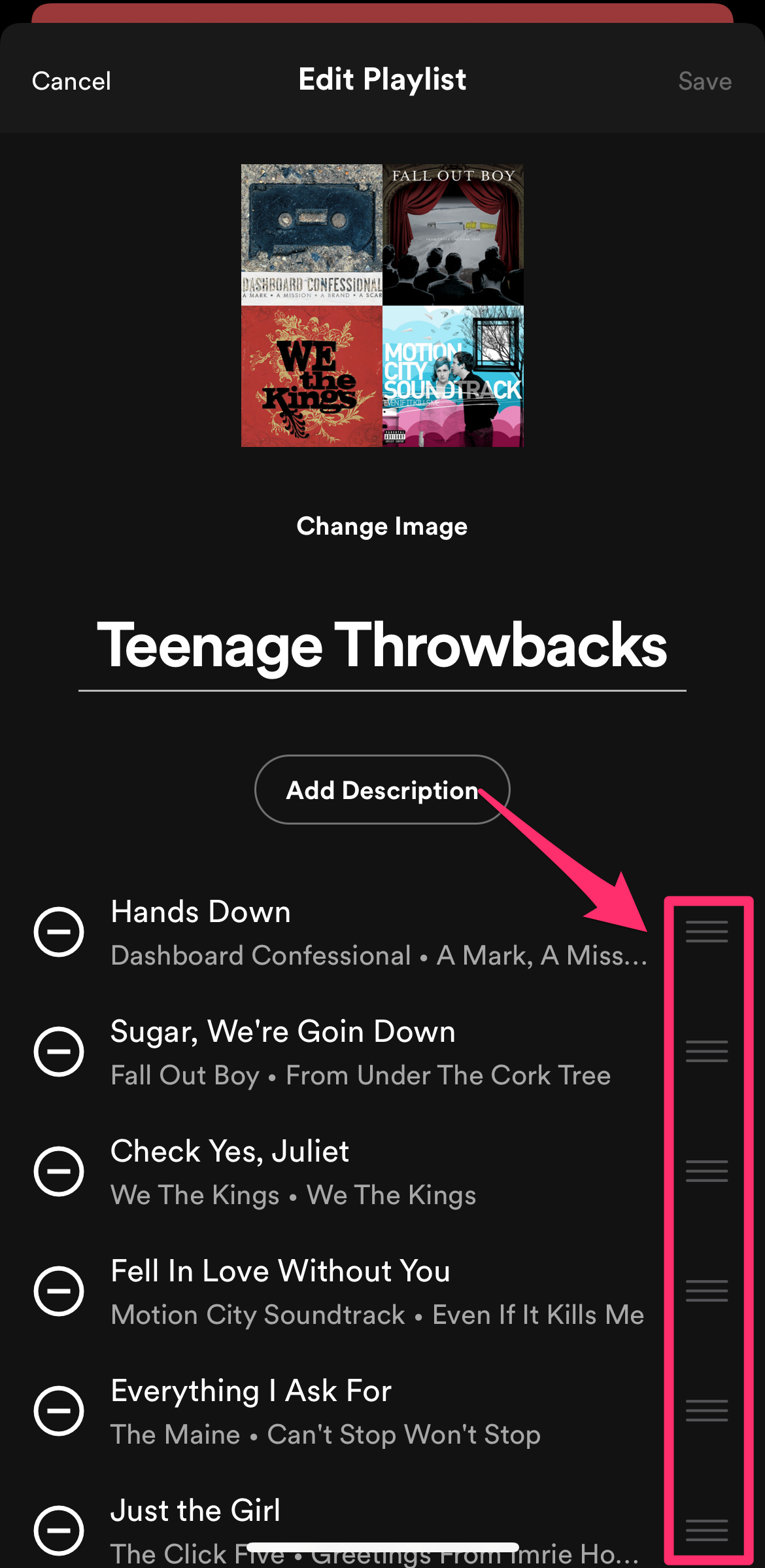 Spotify Edit Playlist menu with the horizontal bars highlighted.