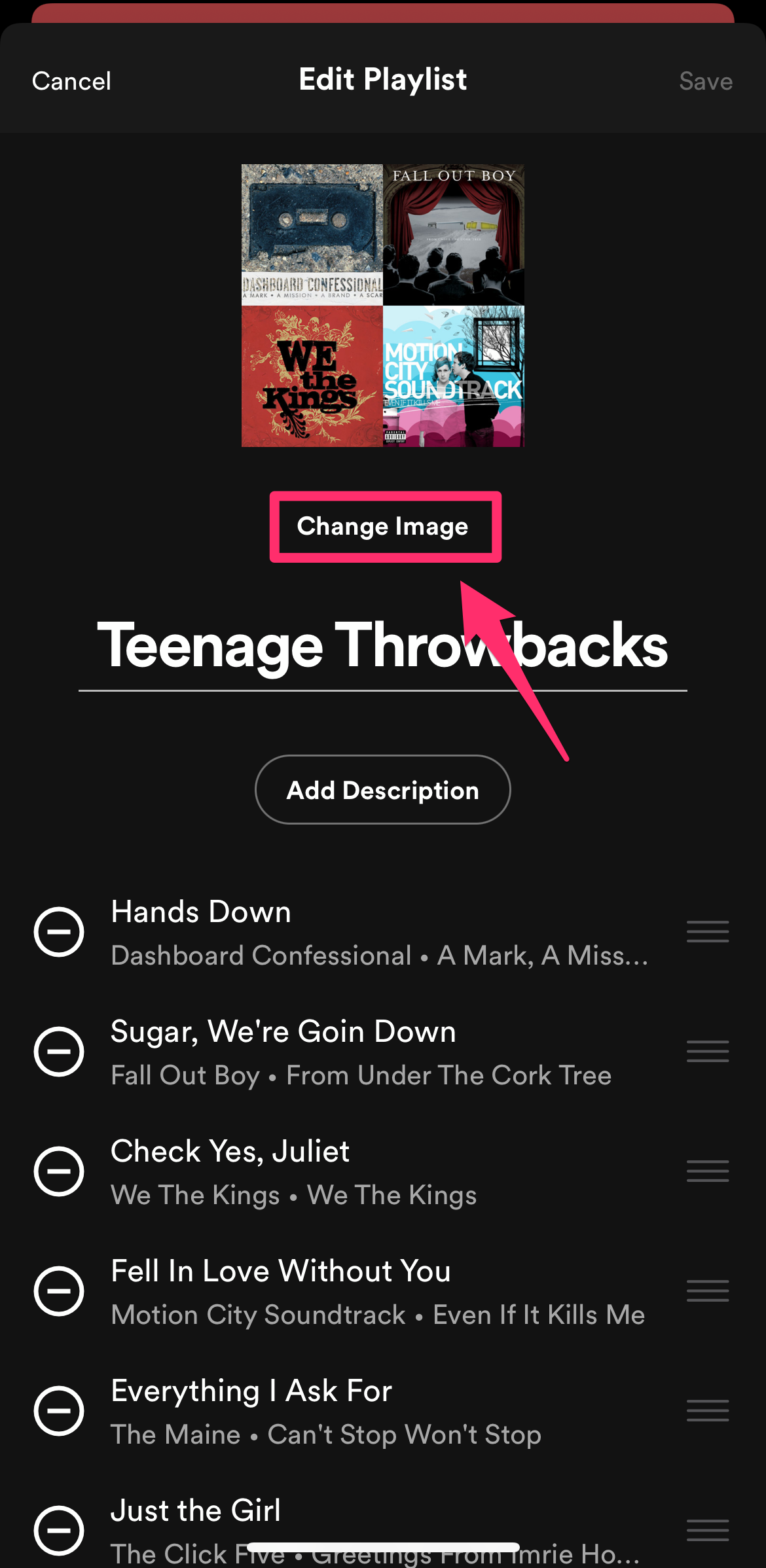 Spotify Edit Playlist menu with the Change Image option highlighted.