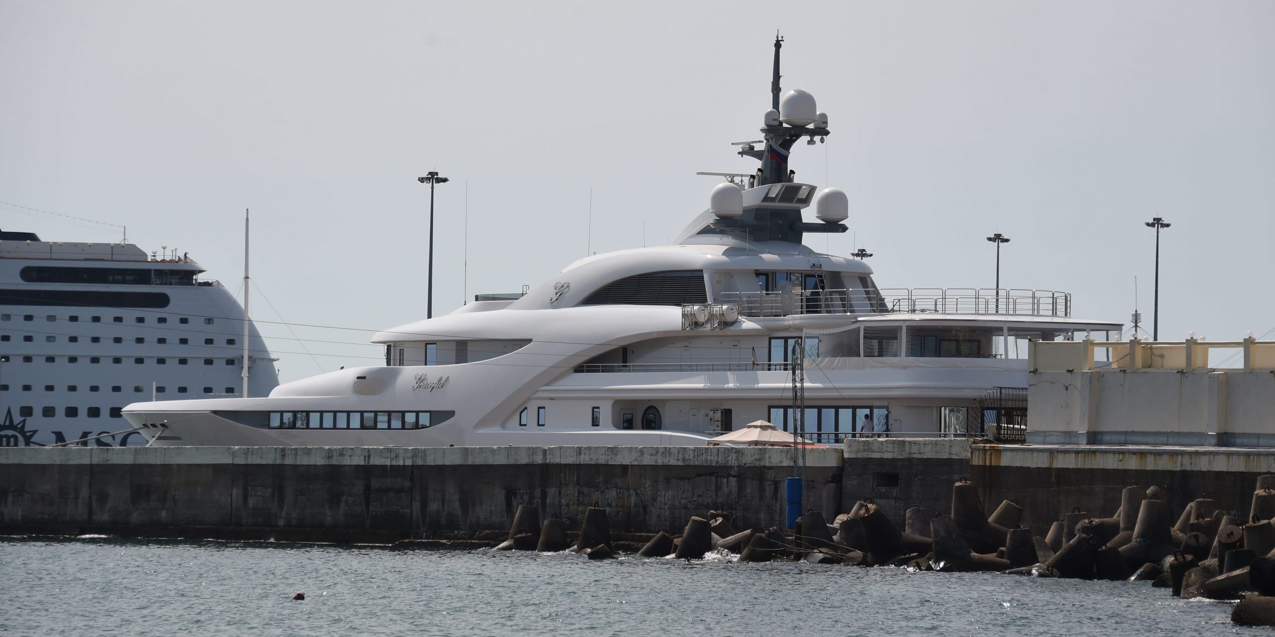 The yacht 'Graceful' of Russian President Vladimir Putin is moored at the port of Sochi, Russia, 13 July 2015.