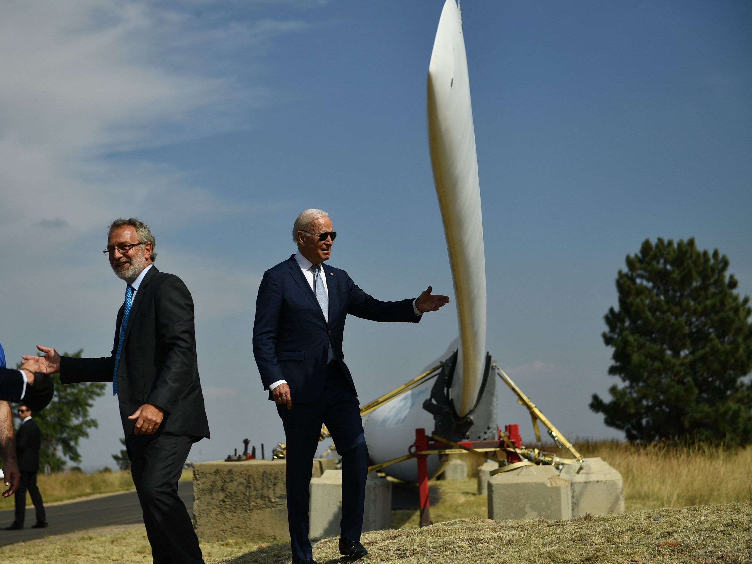 US President Joe Biden looks at a wind turbine blade as he tours the National Renewable Energy Laboratory in Arvada, Colorado, on September 14, 2021, before delivering a speech on the infrastructure deal and the Build Back Better agenda.