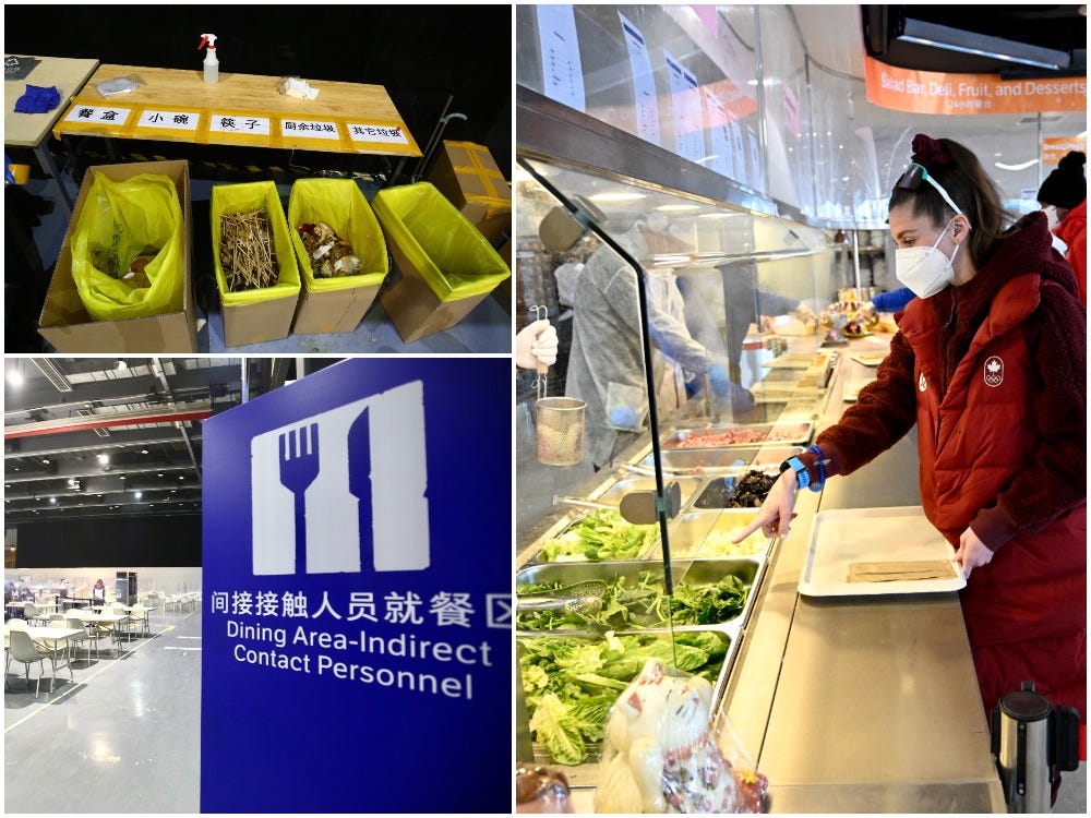 Photos of food and a restaurant within the bubble environment at the 2022 Winter Olympics in Beijing.