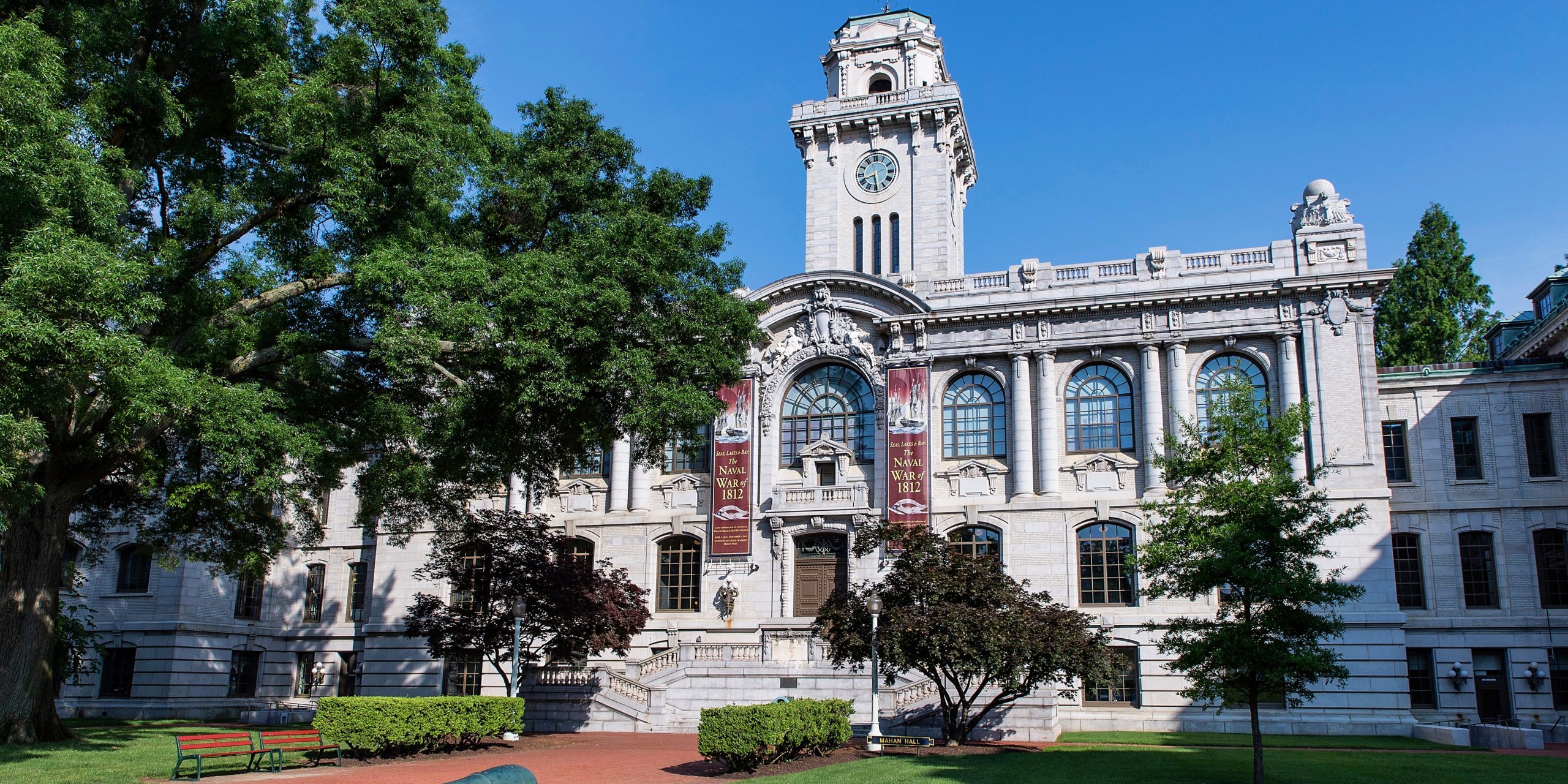 Mahan Hall displays banners for the War of 1812 exhibit at the United States Naval Academy in Annaplois.