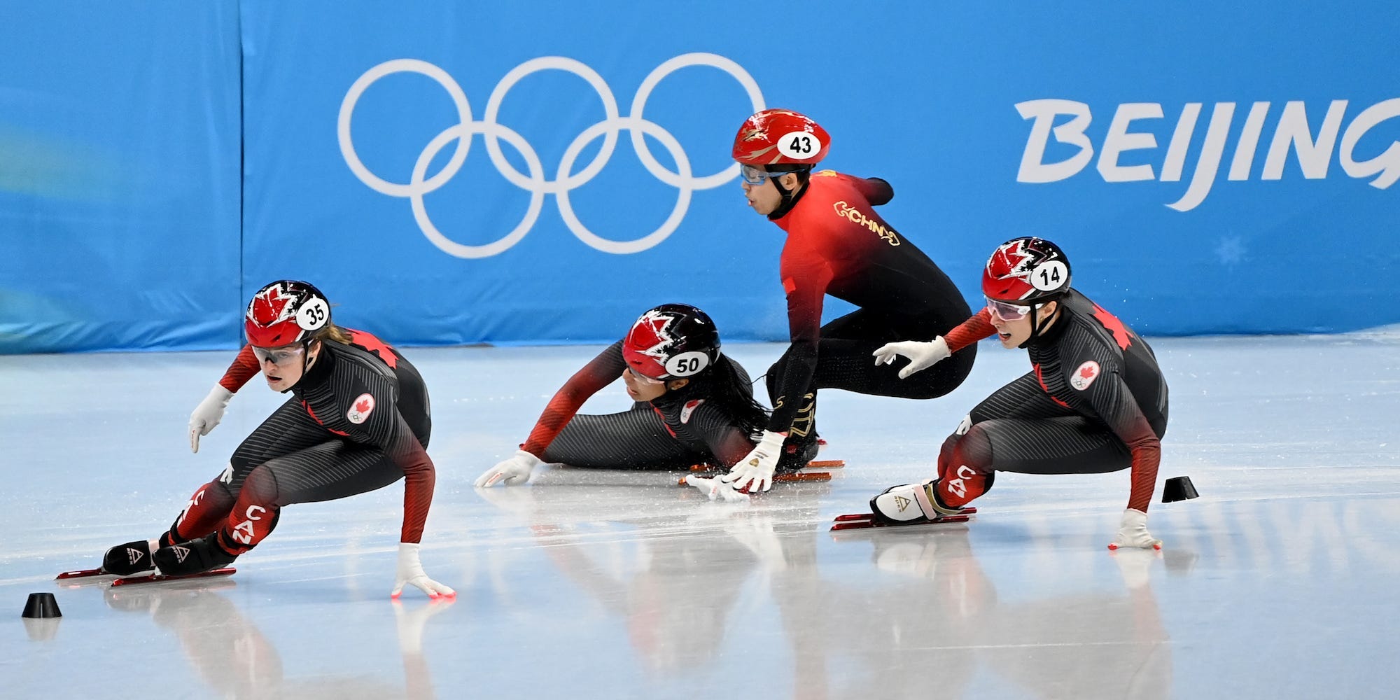 Team China competes during the Women's Short Track Speed Skating 500m Quarterfinals on day three of the Beijing 2022 Winter Olympic Games at Capital Indoor Stadium