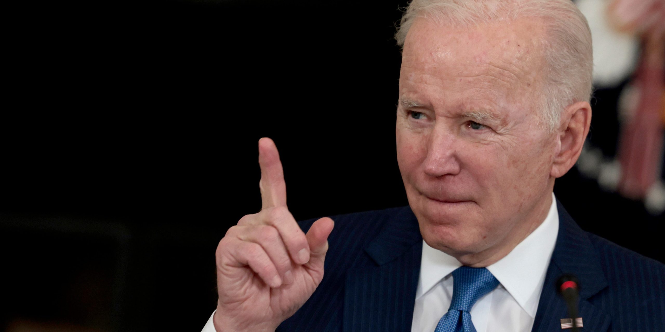 WASHINGTON, DC - FEBRUARY 09: U.S. President Joe Biden gesture during a meeting in the State Dining Room of the White House on February 09, 2022 in Washington, DC. President Biden held the meeting to discuss clean energy efforts with CEOs of electric utility companies throughout the United States. (Photo by Anna Moneymaker/Getty Images)