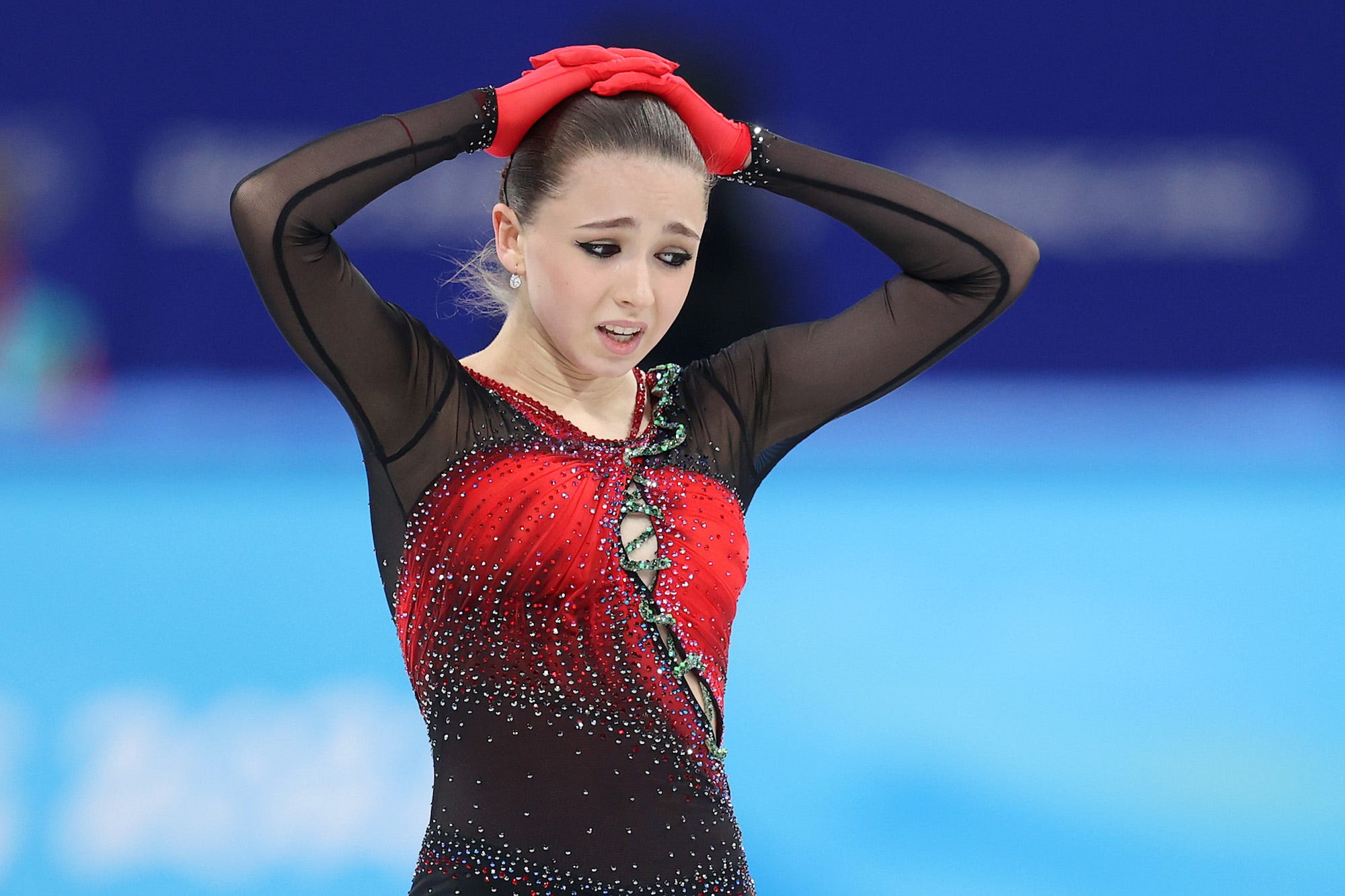 Kamila Valieva reacts during the Women Single Skating Free Skating Team Event on day three of the Beijing 2022 Winter Olympic Games at Capital Indoor Stadium