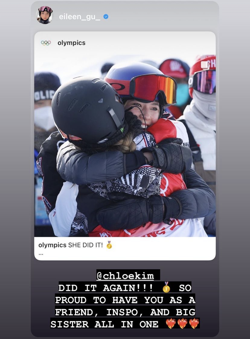 Eileen Gu posts an Instagram story to congratulate Chloe Kim on her Olympic victory.