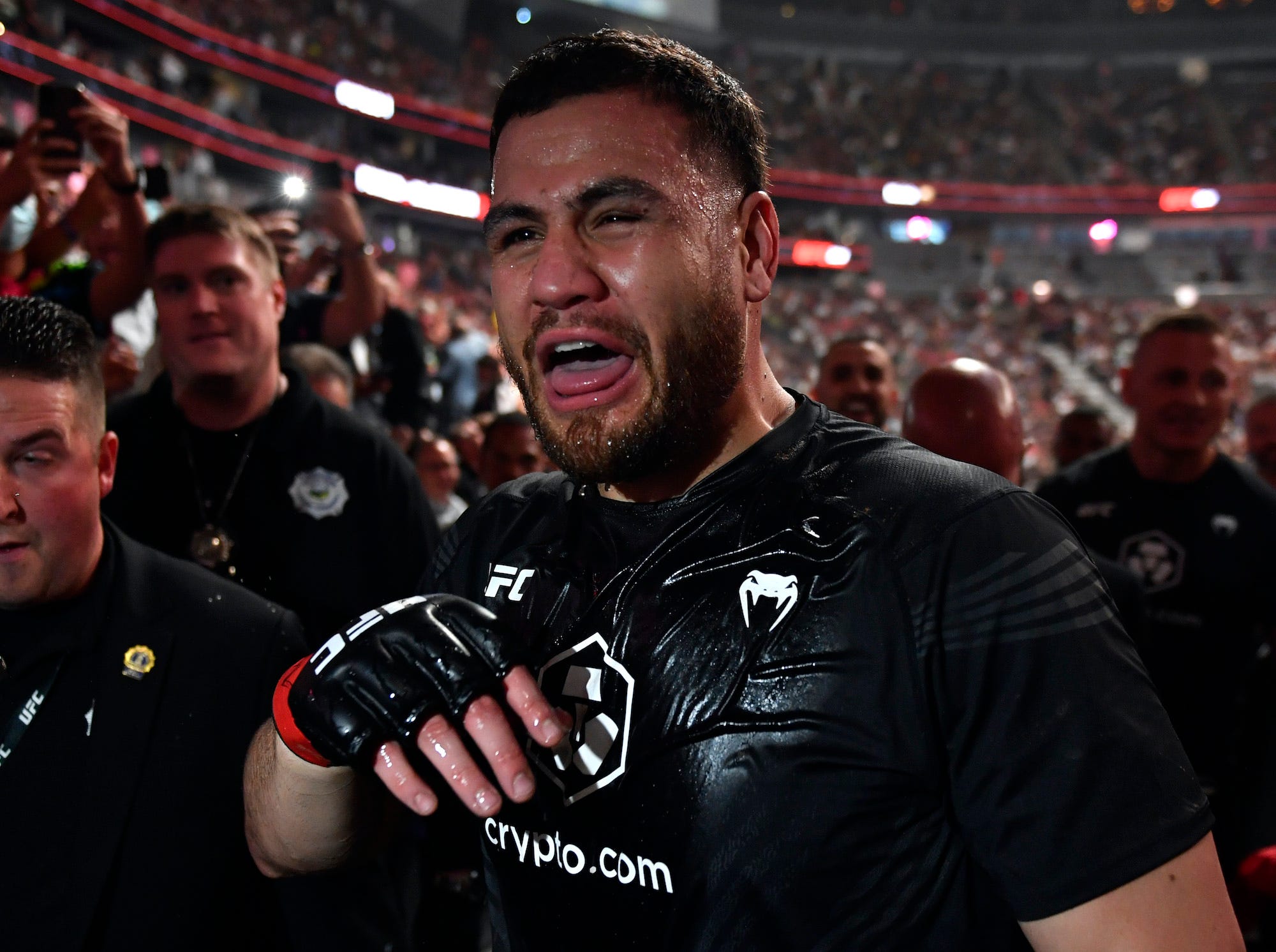 Somebody sneaked hot sauce into Tuivasa's shoey once, and Tai did not look pleased.