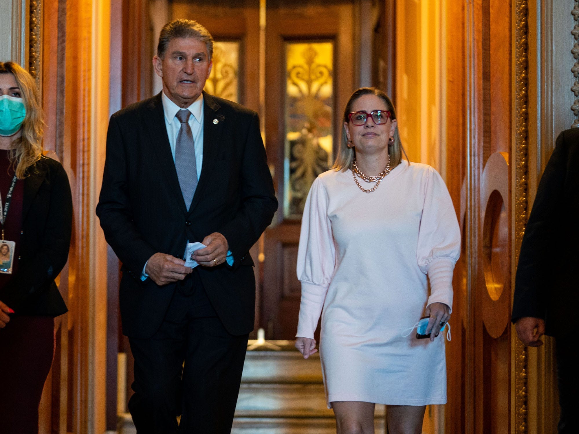 Democratic Sens. Joe Manchin of West Virginia and Kyrsten Sinema of Arizona following a vote at the US Capitol on November 3, 2021.