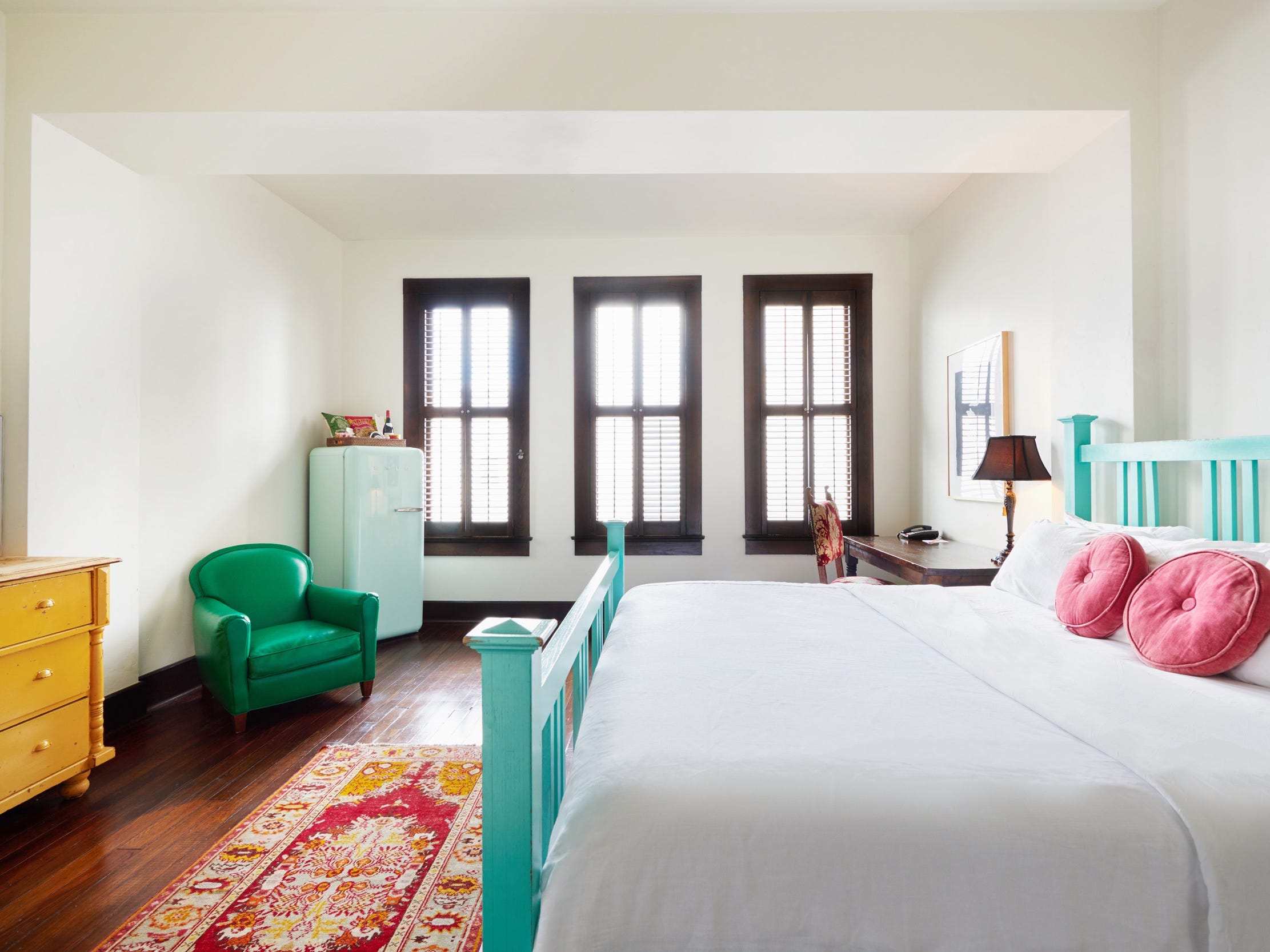 A colorful guest room at Hotel Havana in San Antonio, Texas