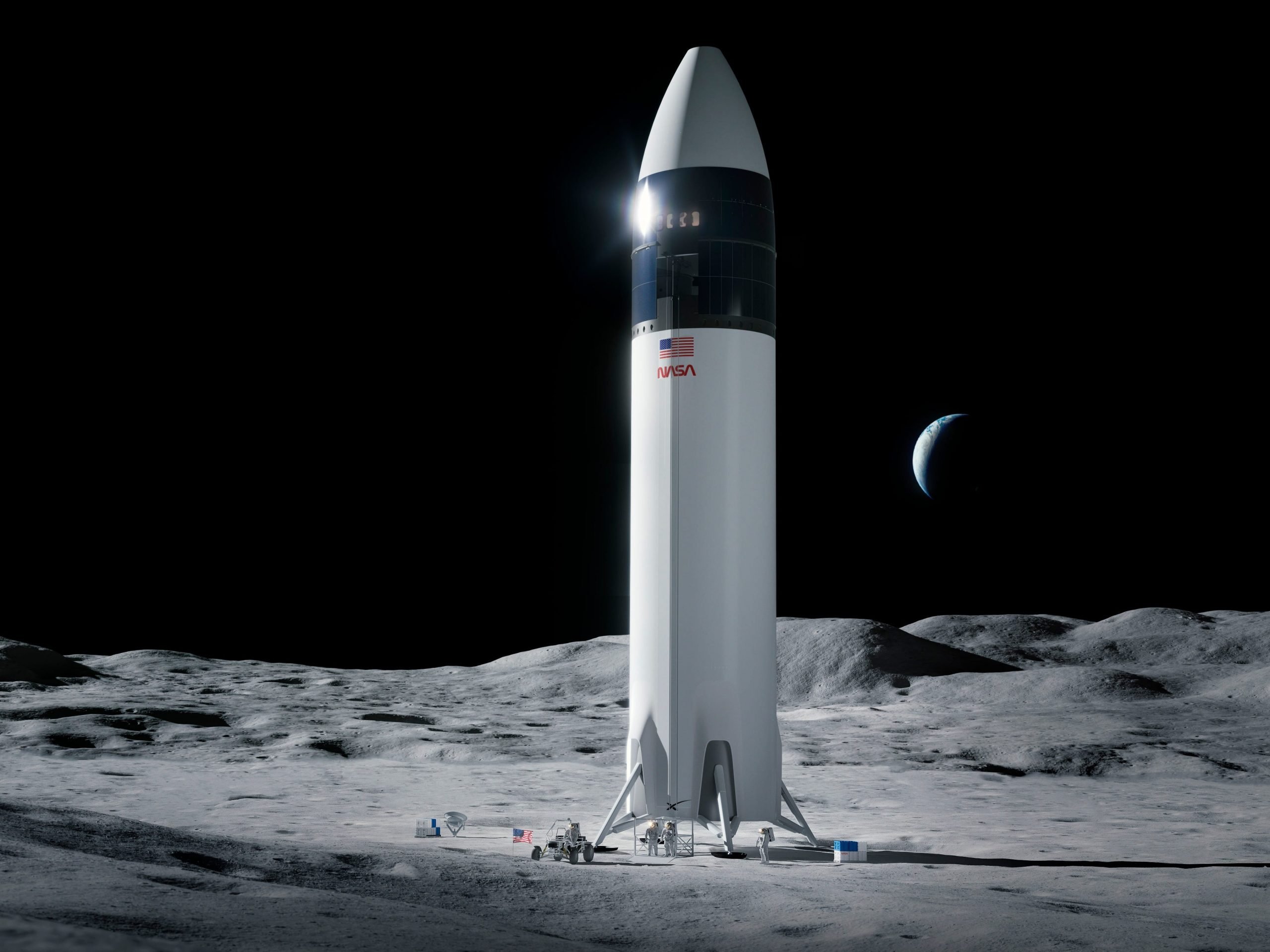 An illustration of the SpaceX Starship human lander design on the moon.