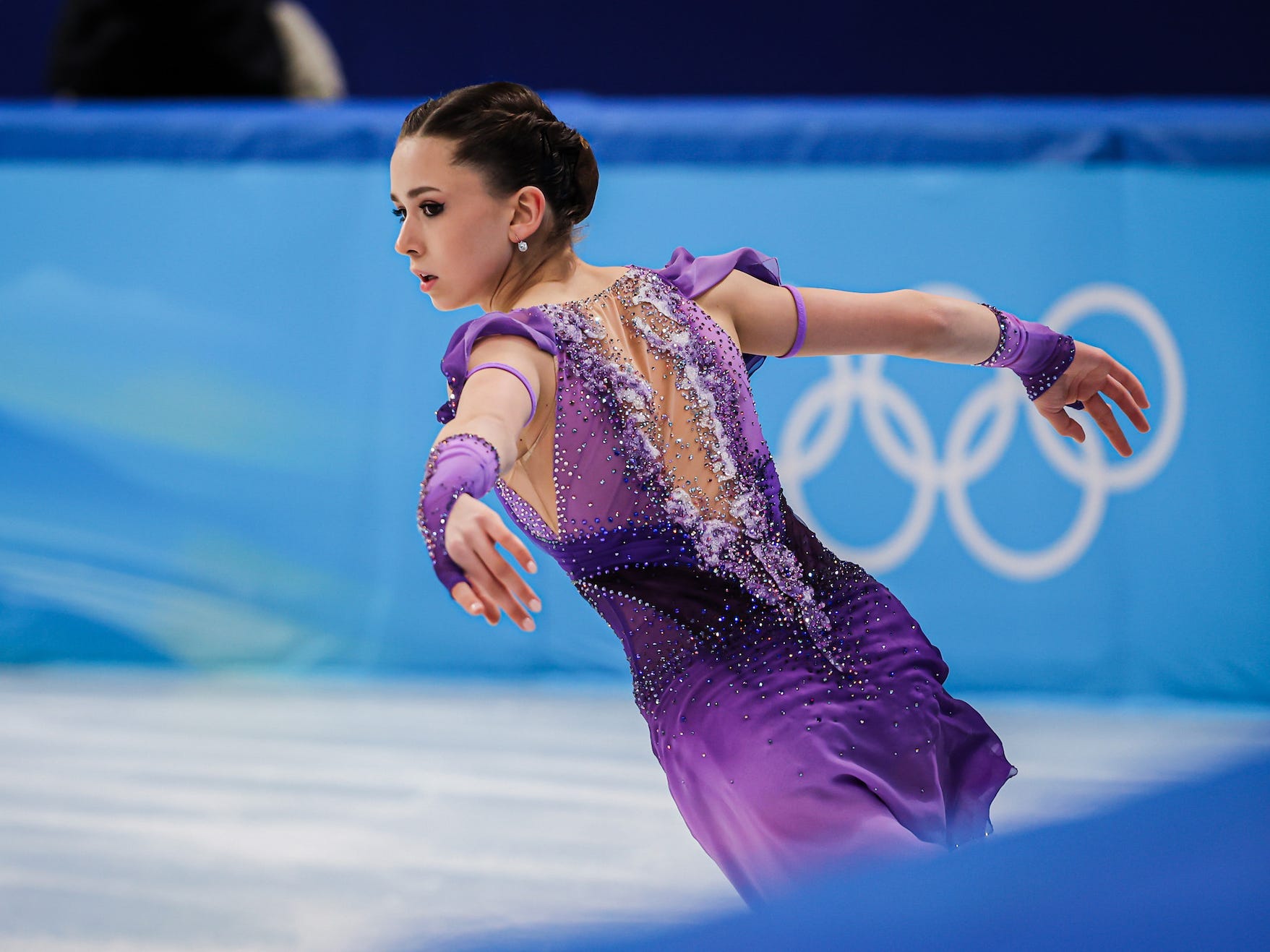 Kamila Valieva of Team Russian Olympic Committee compete in the Women Single Skating Short Program during the Figure Skating Team Event at Capital Indoor Stadium on February 06, 2022 in Beijing, China. (Photo by