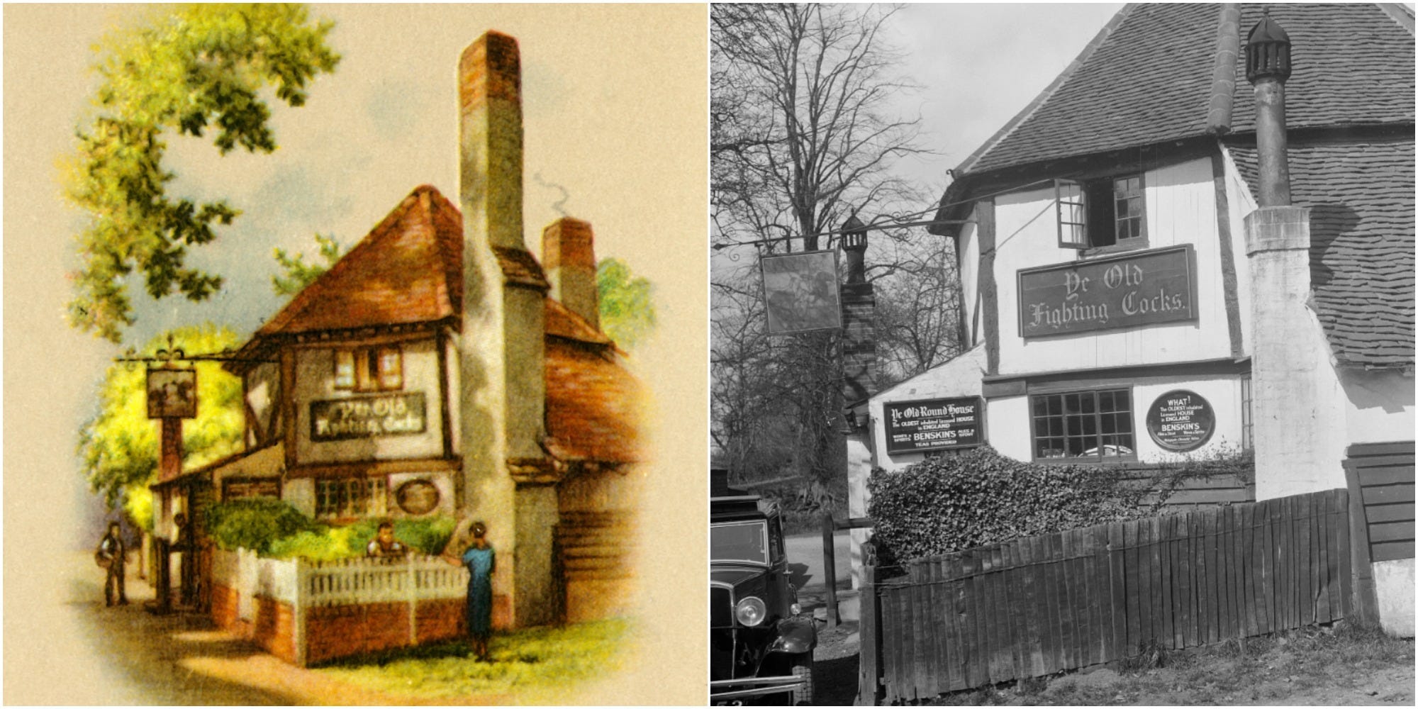 A print of Ye Olde Fighting Cocks from 1936 (left) and an image from 1932 (right).