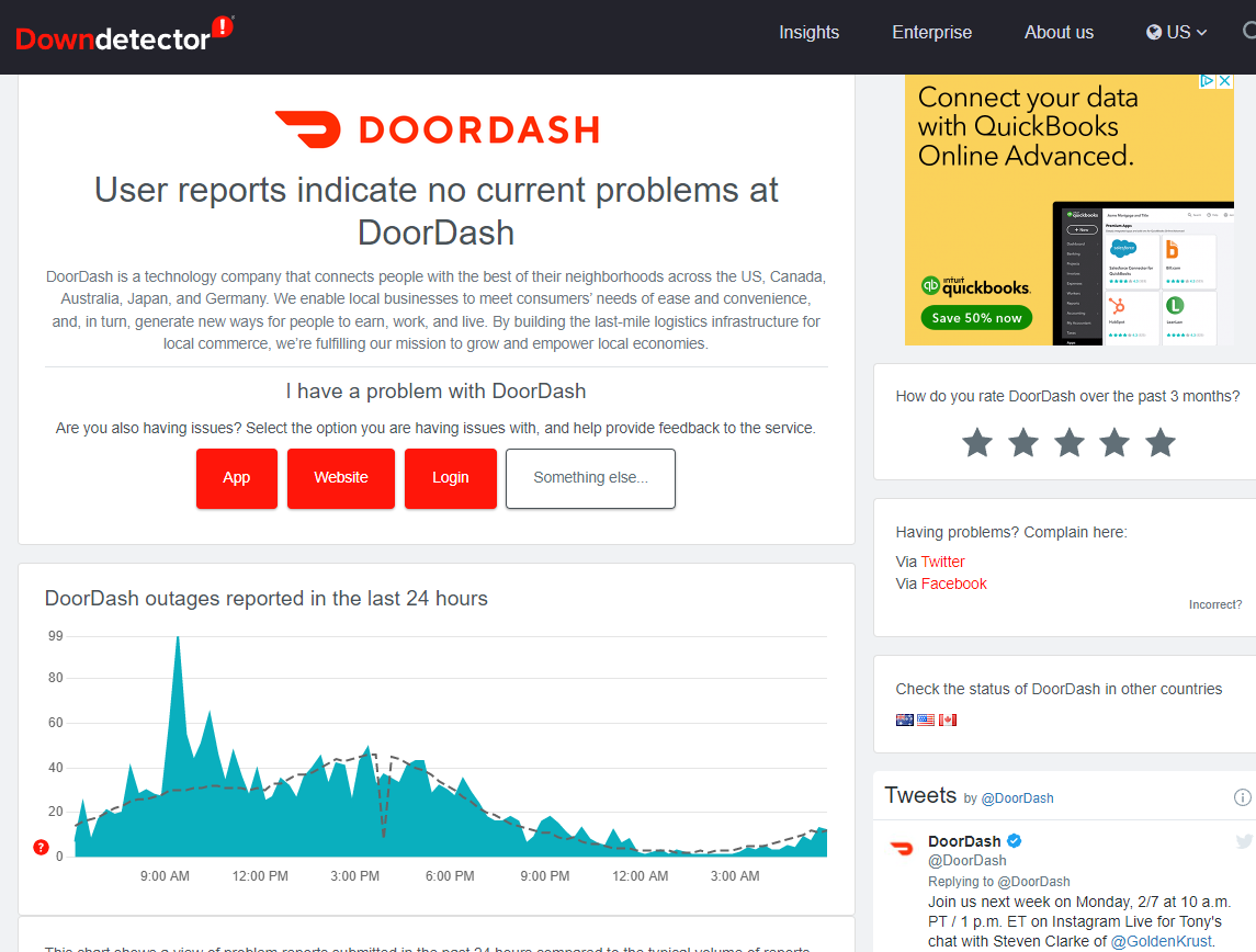 DoorDash network status page at Downdetector