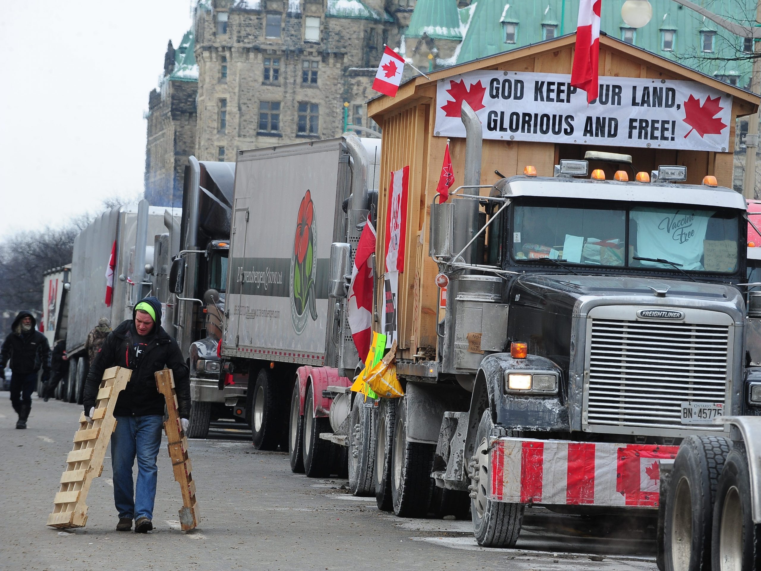 Truck drivers and supporters protest against vaccine mandates in the trucking industry in Ottawa, Canada on January 31, 2022.