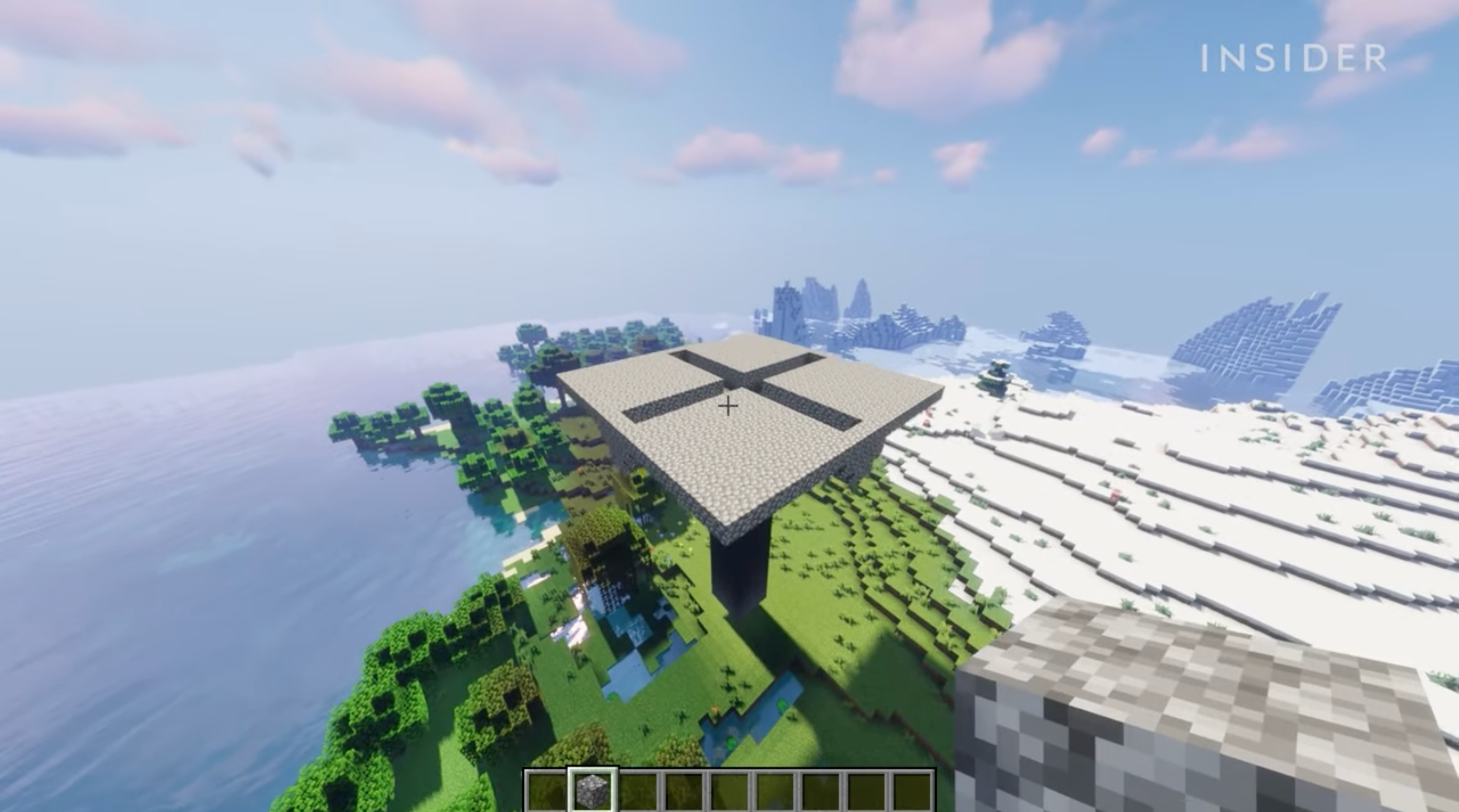 A screenshot from Minecraft, showing the bridges now connected by platforms.