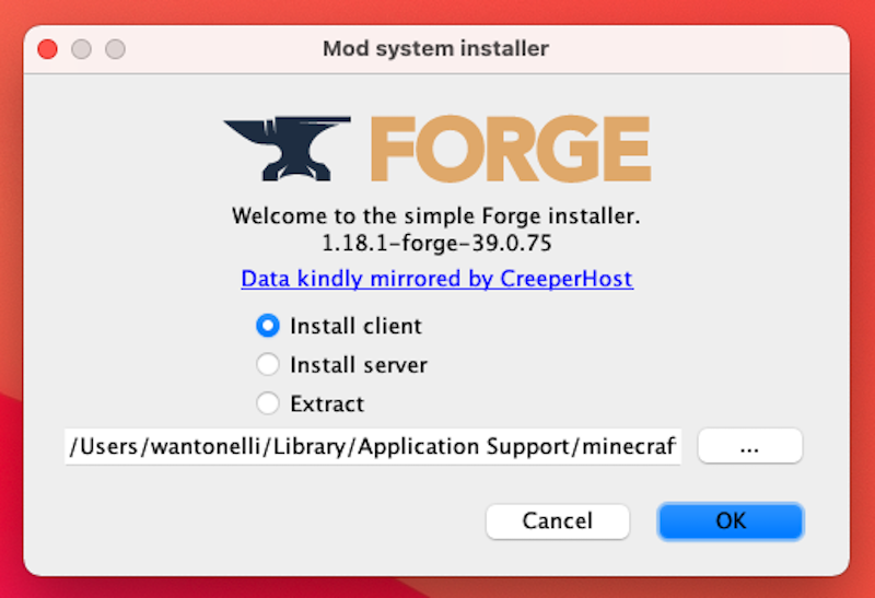 The installation page for Minecraft Forge.