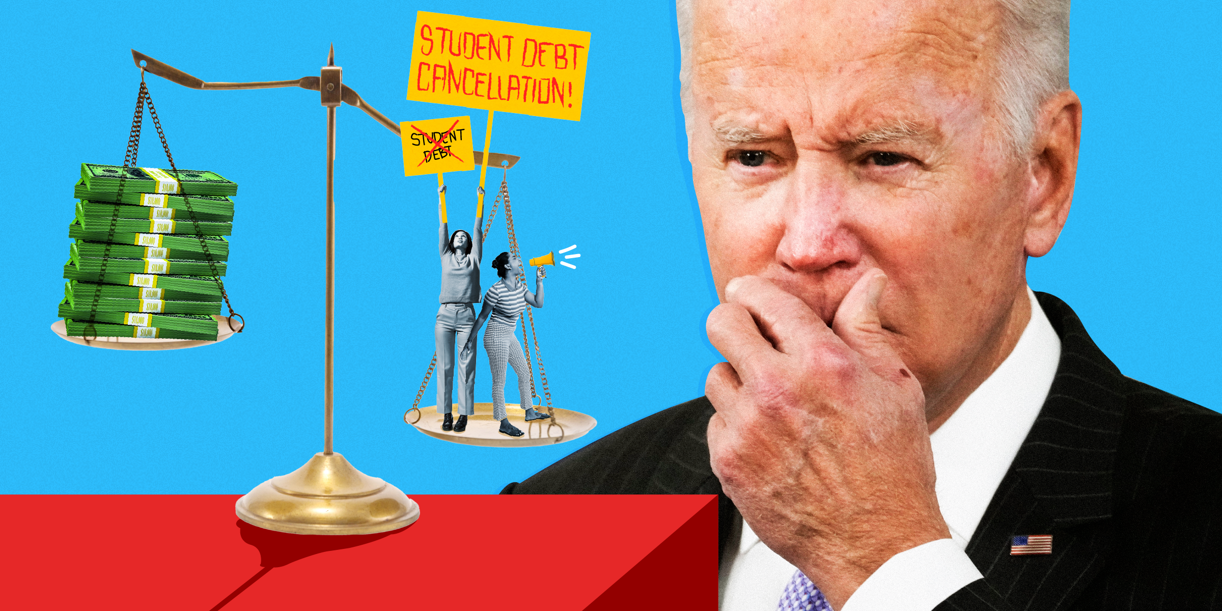 Joe Biden staring contemplatively at a pair of scales with a pile of money on one side and protestors calling for student debt cancellation on the other.