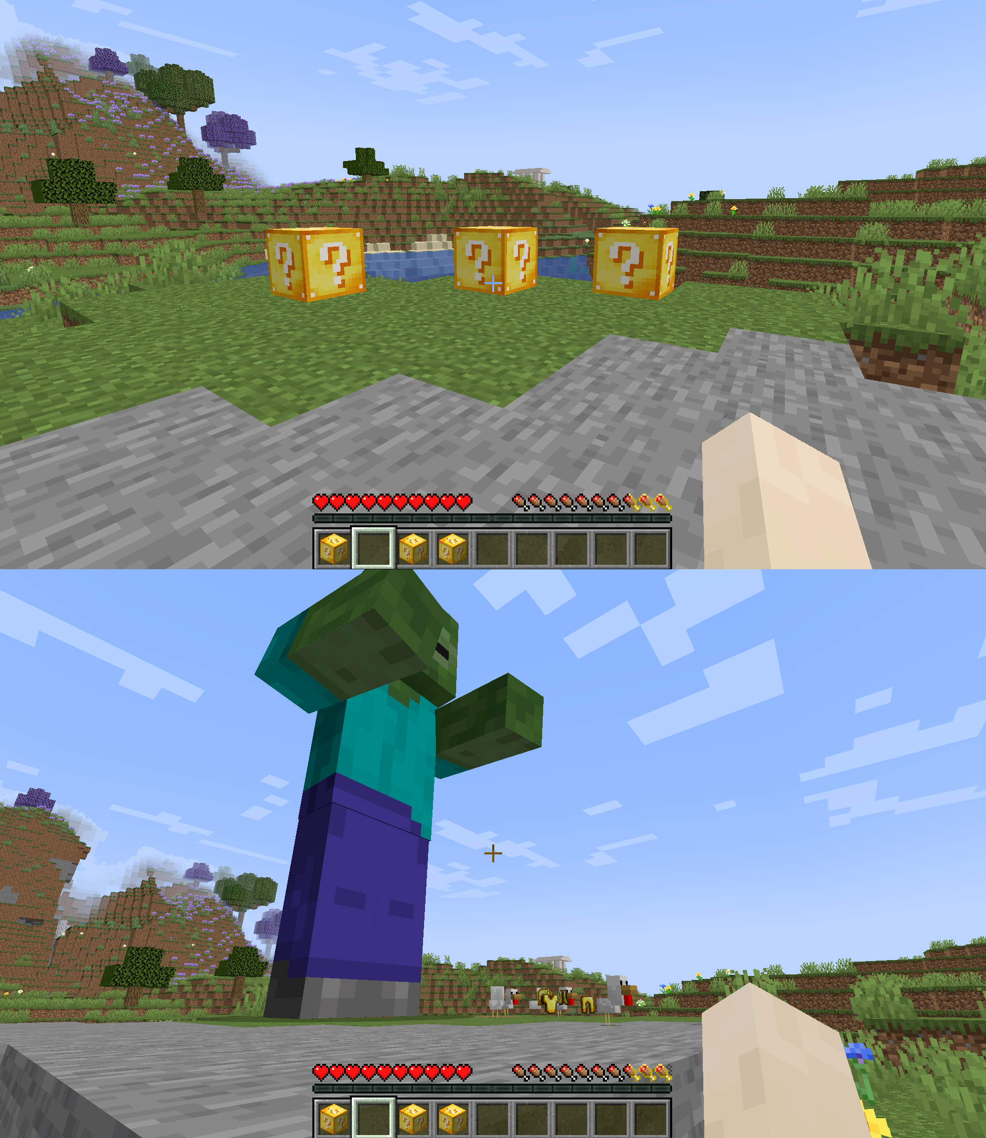 Three Lucky Blocks in Minecraft, and the results that came from them.