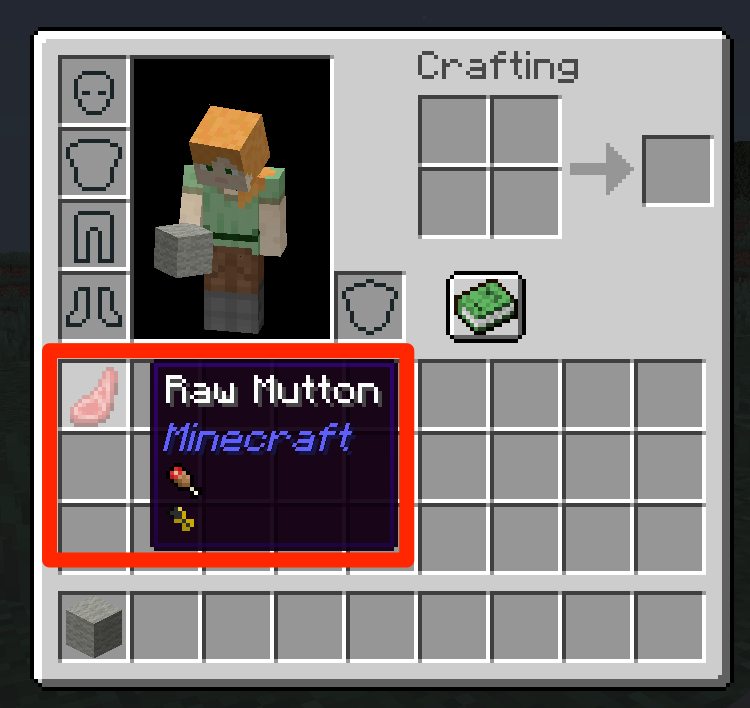 An inventory in Minecraft. A Raw Mutton is highlighted, and its food values are shown with the AppleSkin mod.