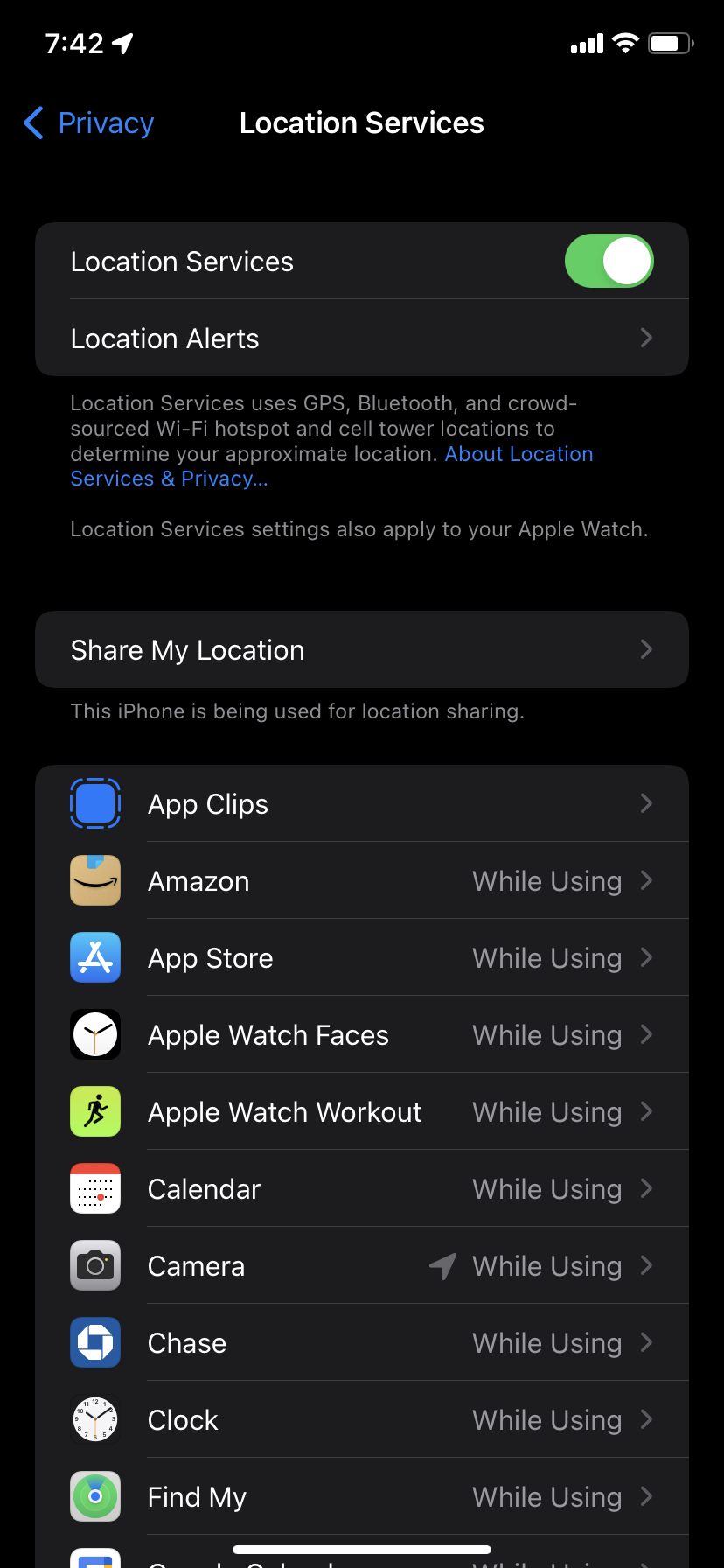 The Location Services menu on an iPhone.