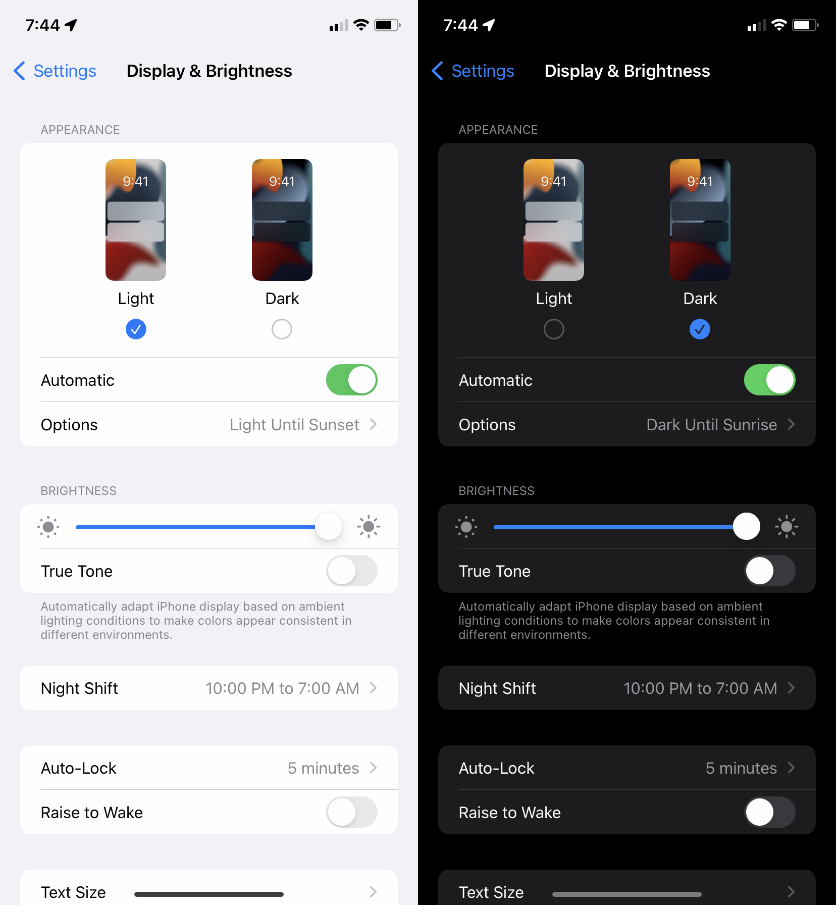 Light mode and dark mode on an iPhone.