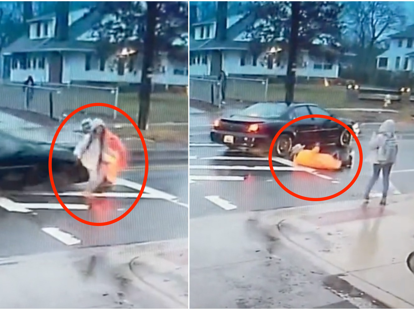 Screenshots of footage showing a crossing guard getting struck down by a car, saving a student