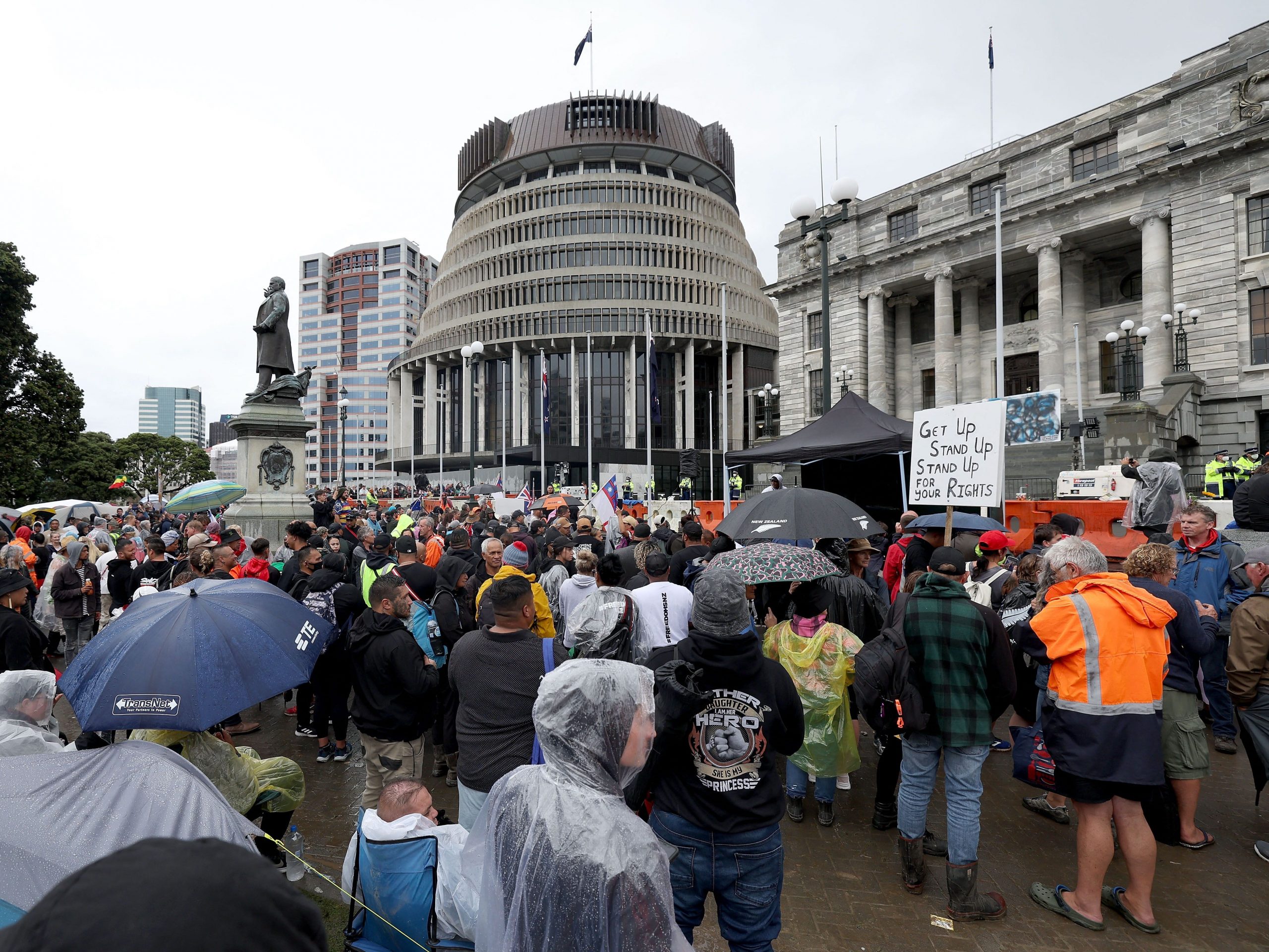 Protesters pack into the grounds of Parliament on the fifth day of demonstrations against Covid-19 restrictions in Wellington on February 12, 2022, inspired by a similar demonstration in Canada.