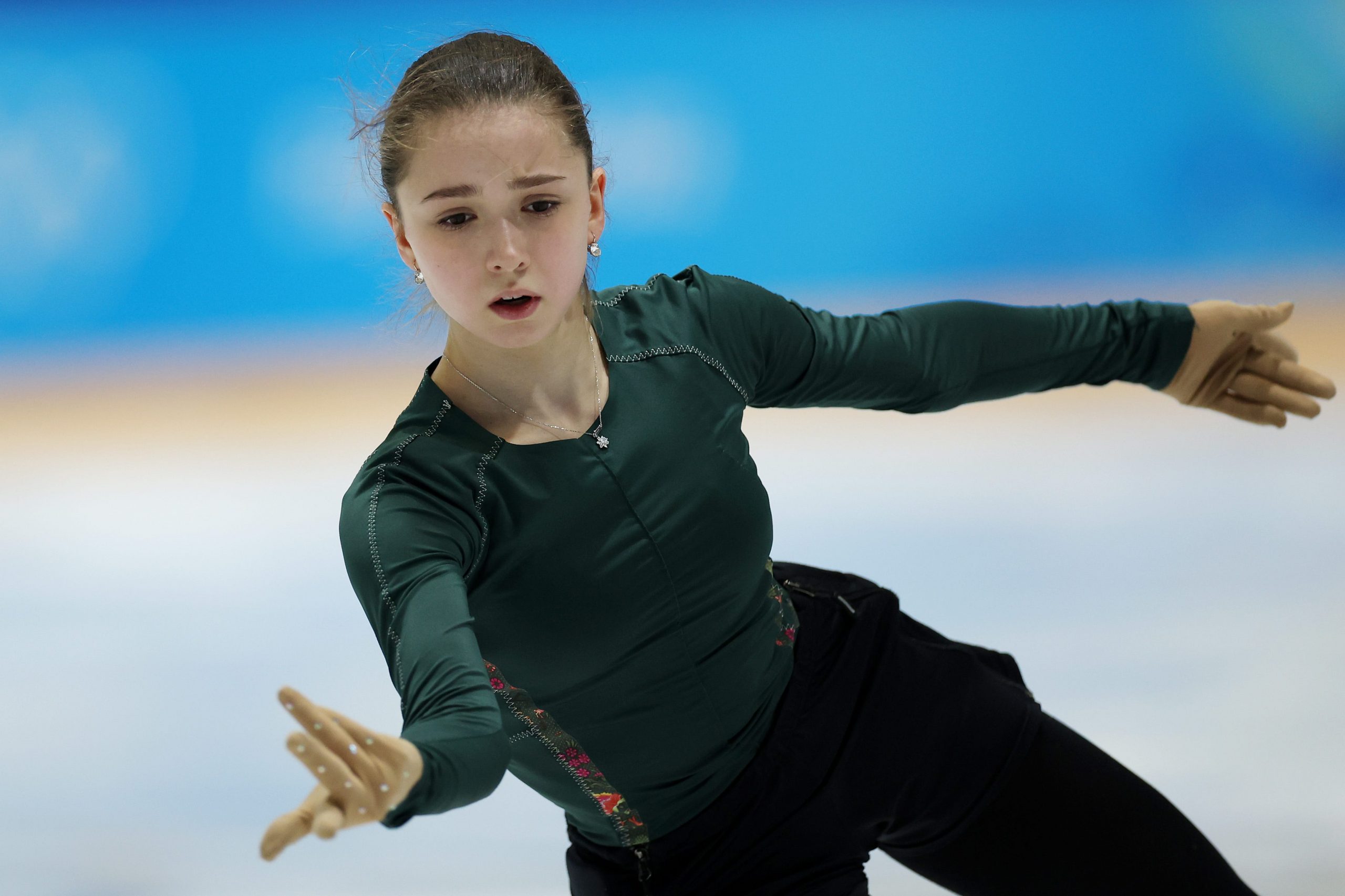 Kamila Valieva of Team ROC skates during a figure skating training session on day eight of the Beijing 2022 Winter Olympic Games at Capital Indoor Stadium practice rink on February 12, 2022 in Beijing, China.