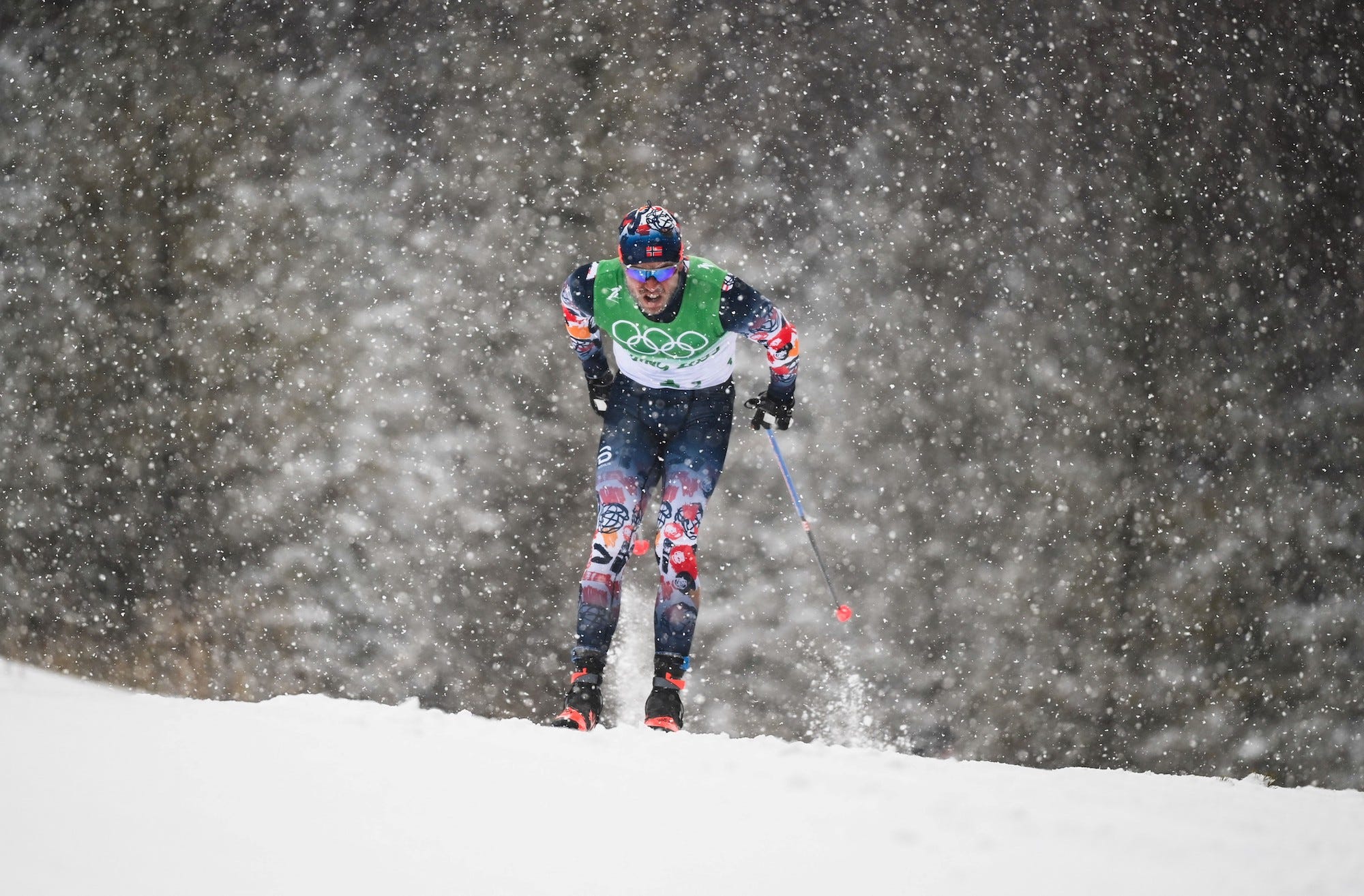 Paal Golberg of Norway competes during the cross-country skiing men's 4x10 km relay of the Beijing Winter Olympics at National Cross-Country Skiing Centre in Zhangjiakou