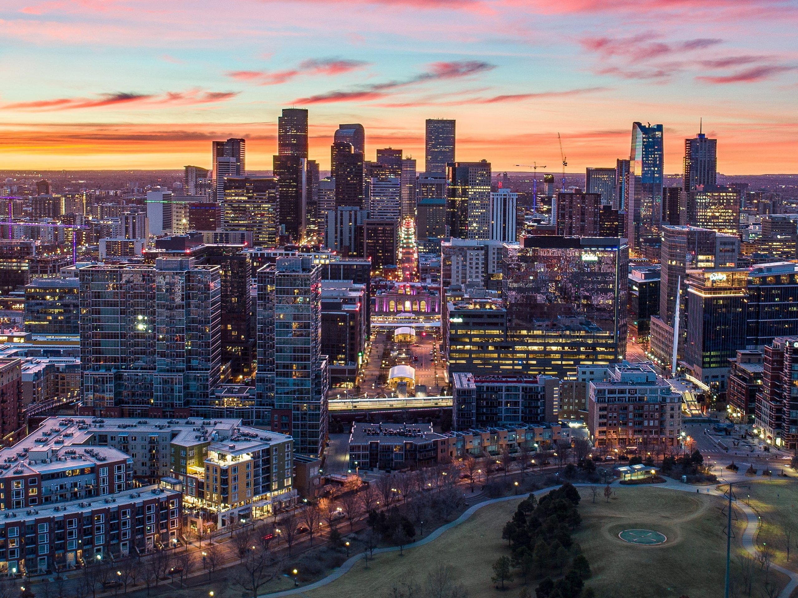 Downtown Denver, Colorado, USA Drone Skyline Aerial Panorama
