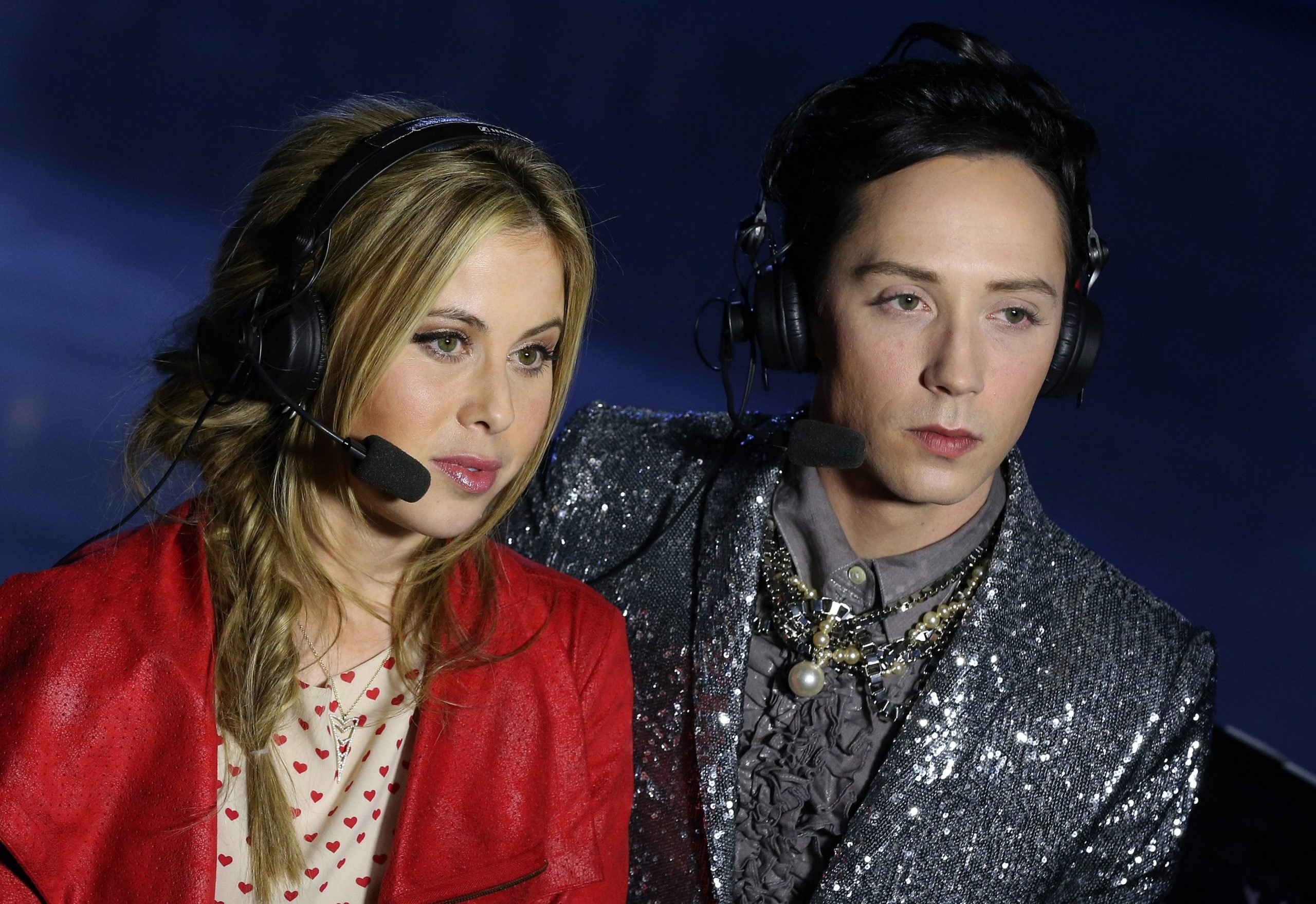 Figure skating champions Johnny Weir and Tara Lipinski comment for NBC the Figure Skating Men's Free Skating on day seven of the Sochi 2014 Winter Olympics at Iceberg Skating Palace on February 14, 2014 in Sochi, Russia.