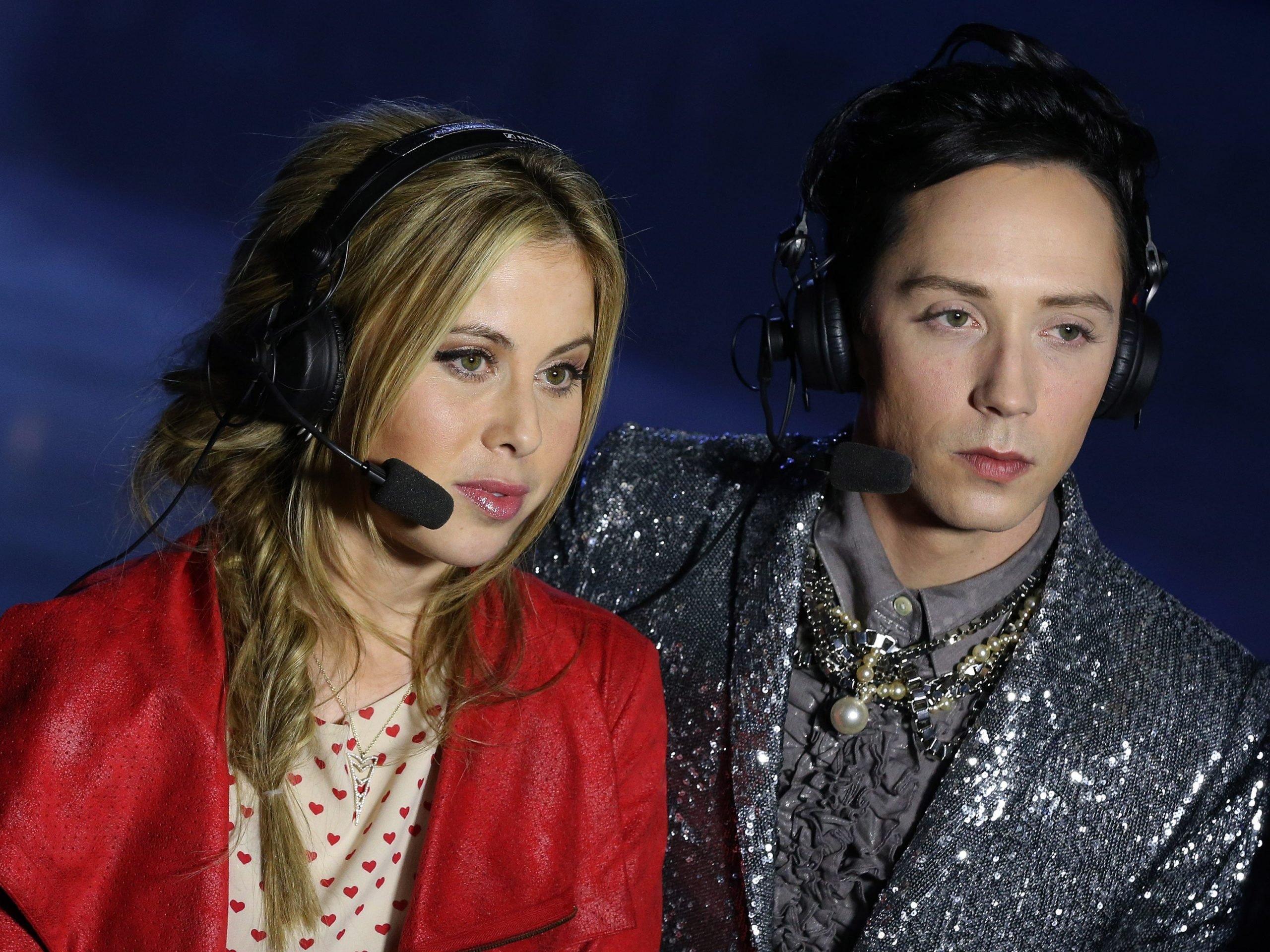 Figure skating champions Johnny Weir and Tara Lipinski comment for NBC the Figure Skating Men's Free Skating on day seven of the Sochi 2014 Winter Olympics at Iceberg Skating Palace on February 14, 2014 in Sochi, Russia.