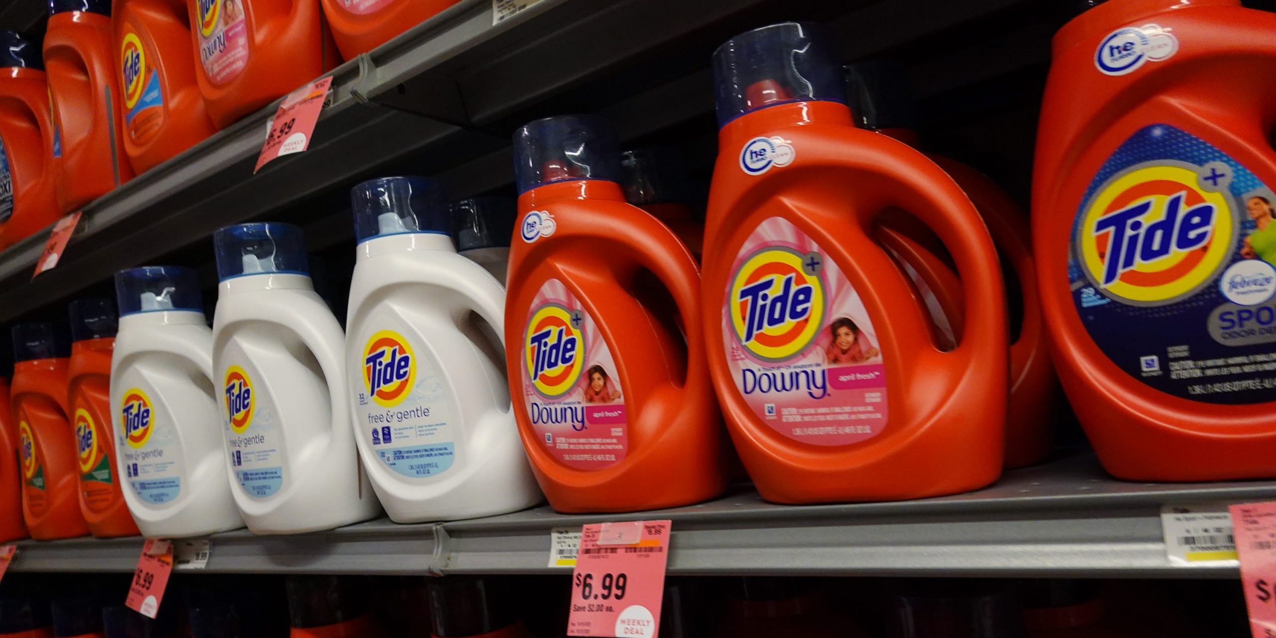 Tide detergent on supermarket shelves.