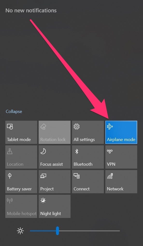 Screenshot of the notifications menu with the Airplane mode tile highlighted.