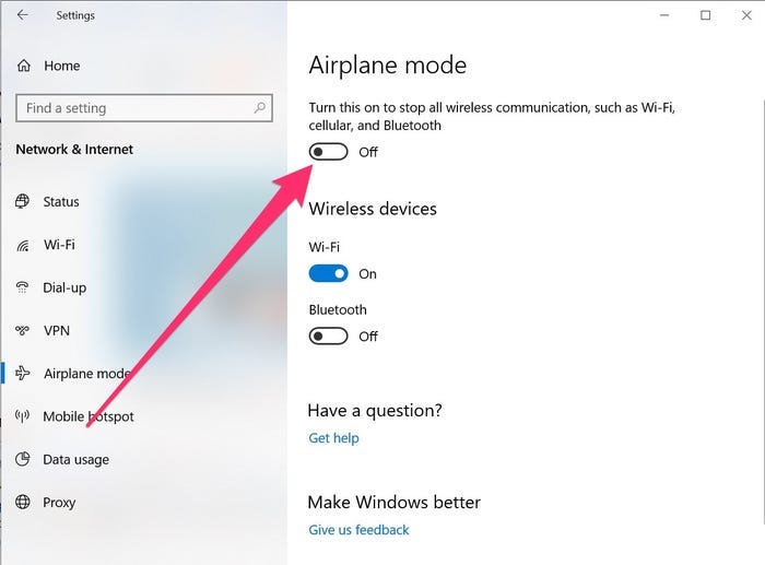 Screenshot of Windows 10 Airplane mode settings with the toggle turned off.